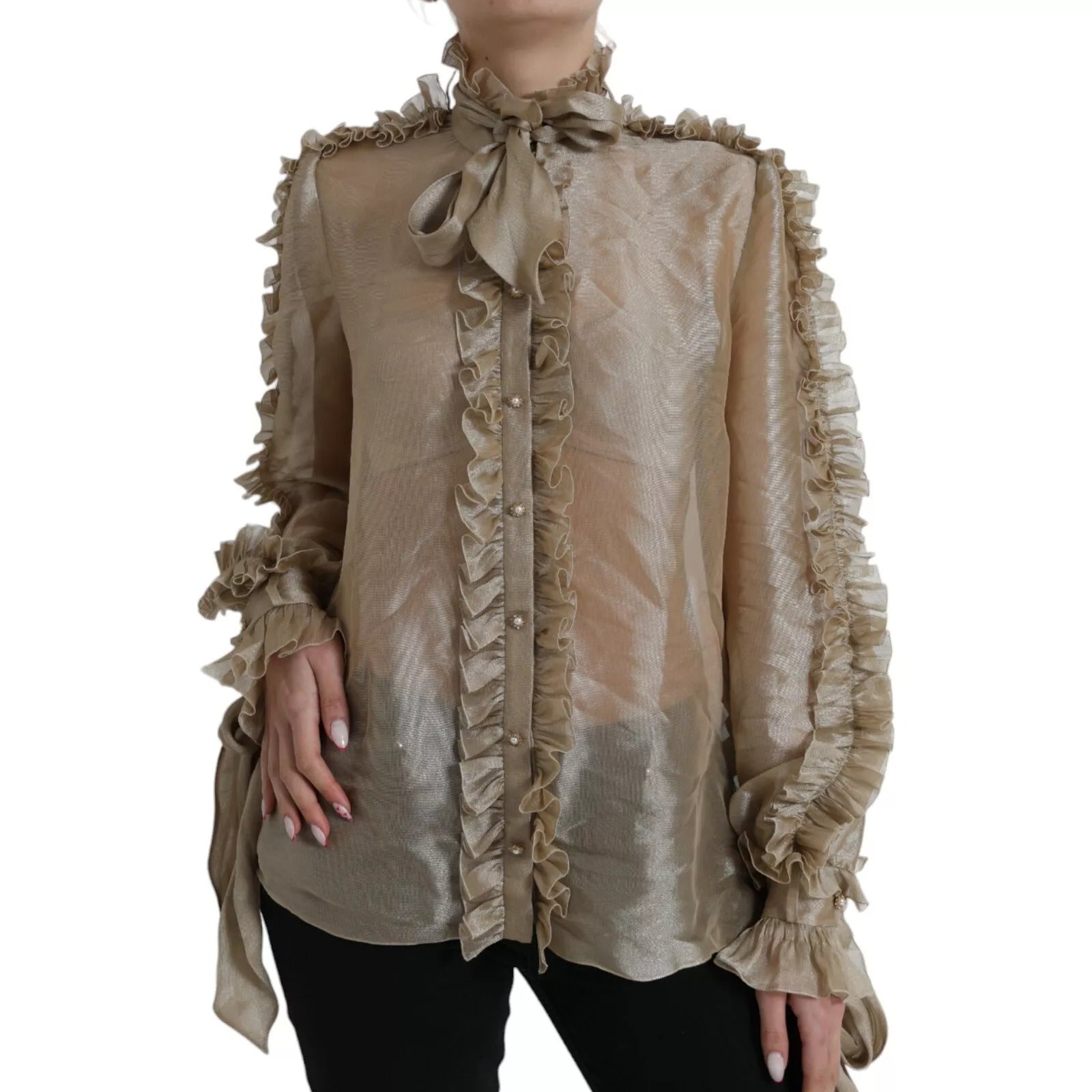Gold Ascot Collar Ruffles Blouse Top - ventzia