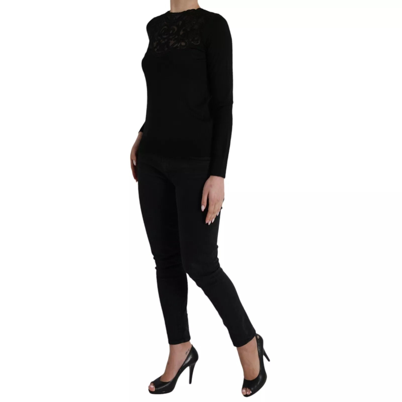 Black Silk Lace Trim Long Sleeves Blouse Top - ventzia