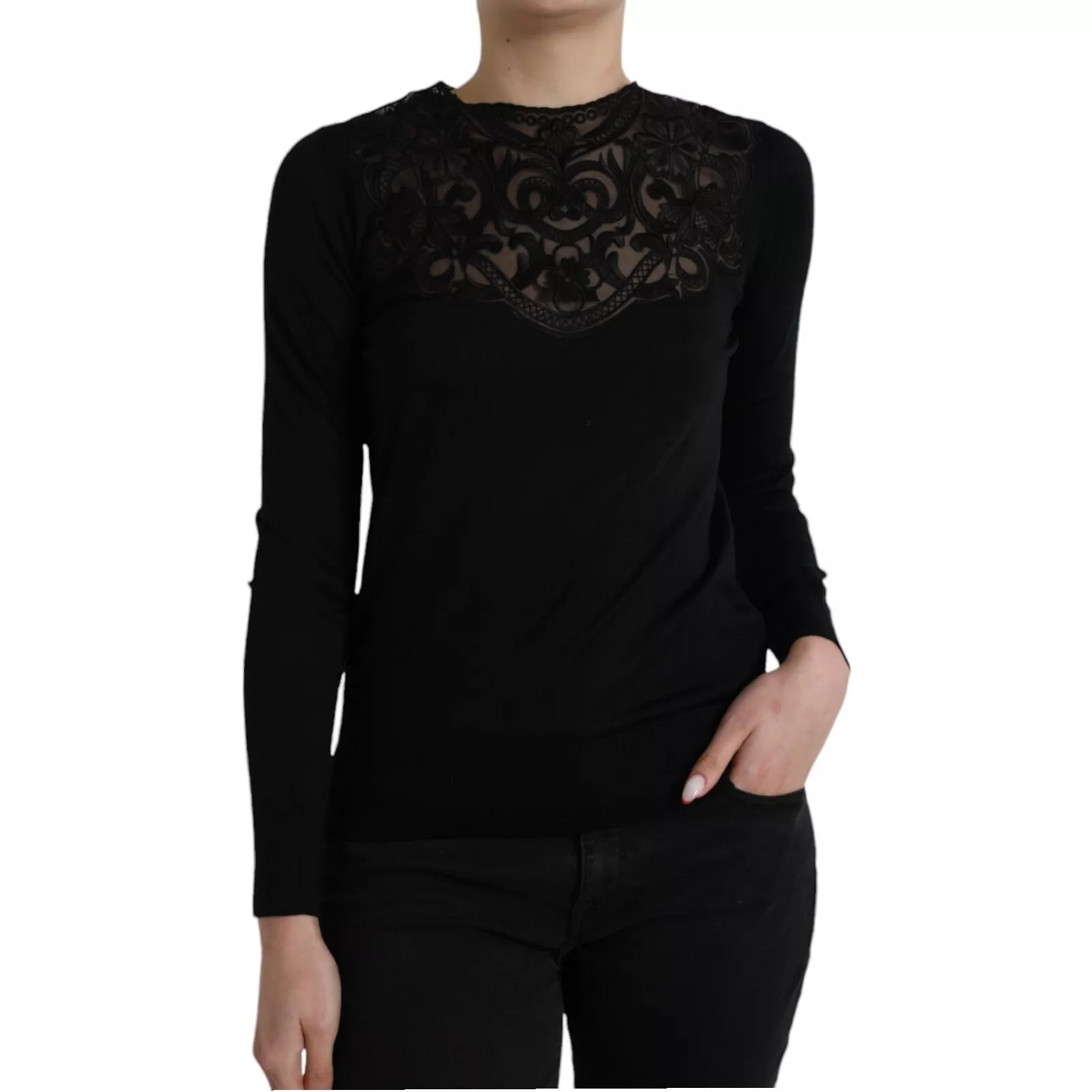 Black Silk Lace Trim Long Sleeves Blouse Top - ventzia