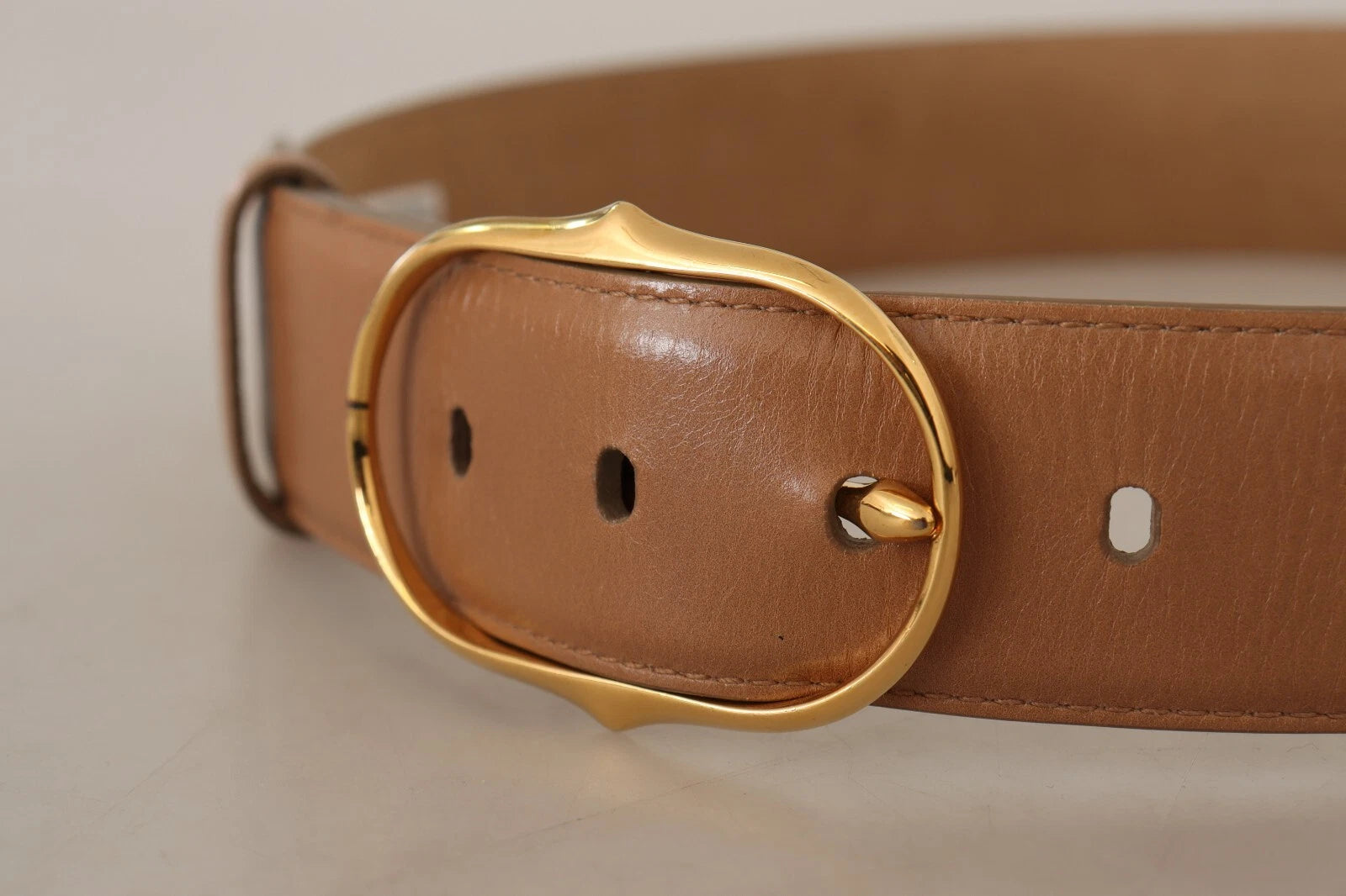 Brown Leather Gold Metal Oval Buckle Belt - ventzia