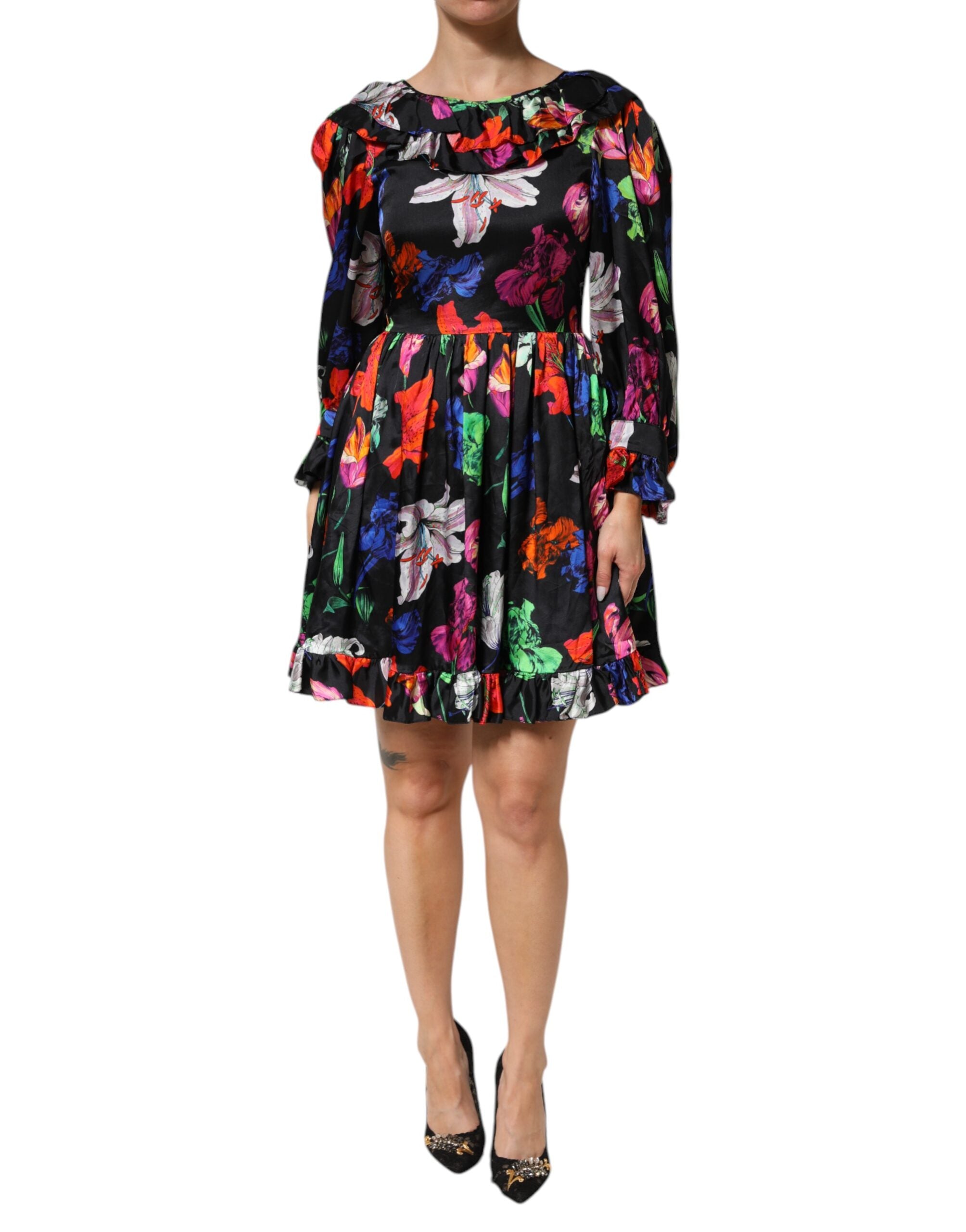 Dress Black Multicolor Floral Ruffle Long Sleeve Mini Dress - ventzia