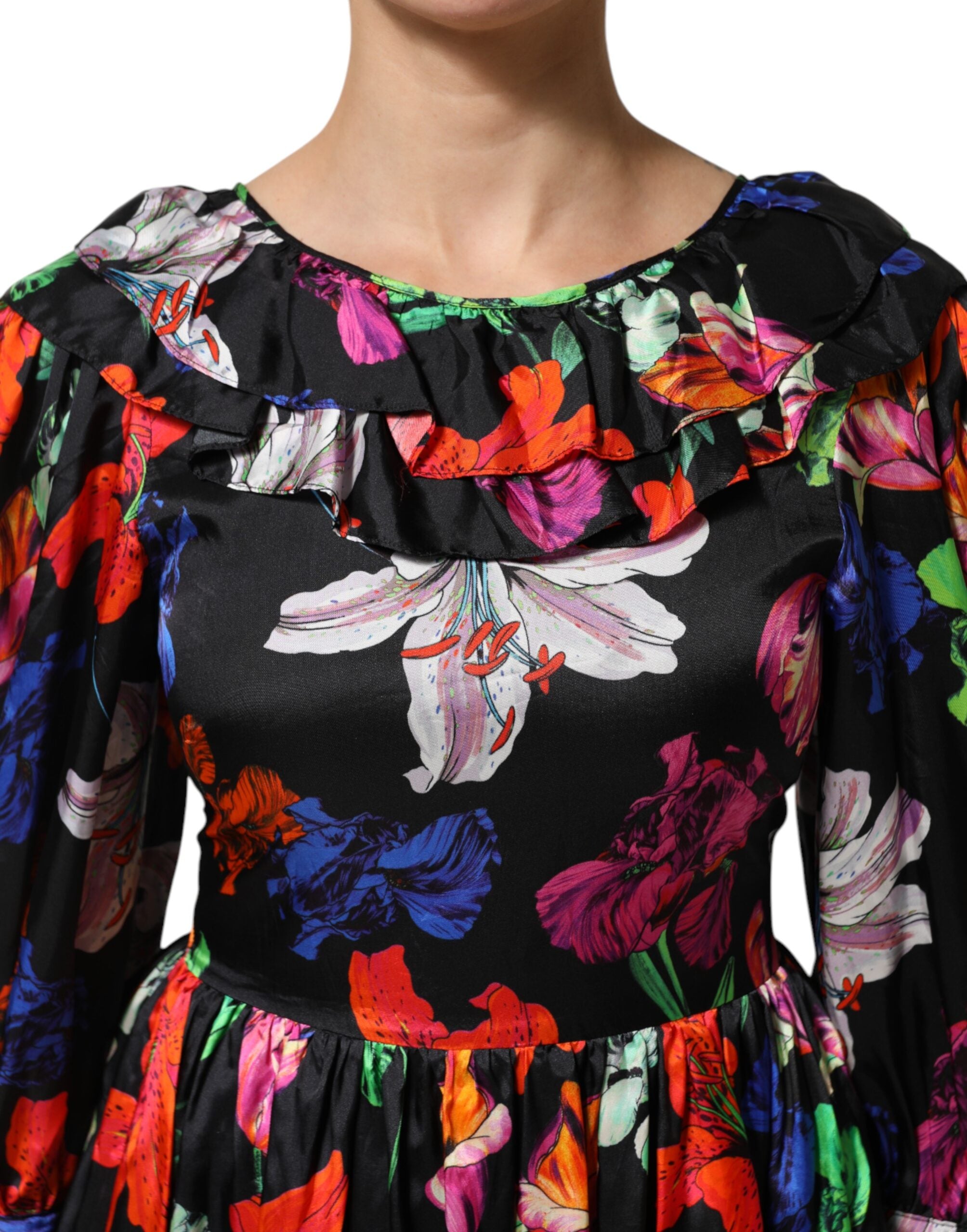 Dress Black Multicolor Floral Ruffle Long Sleeve Mini Dress - ventzia
