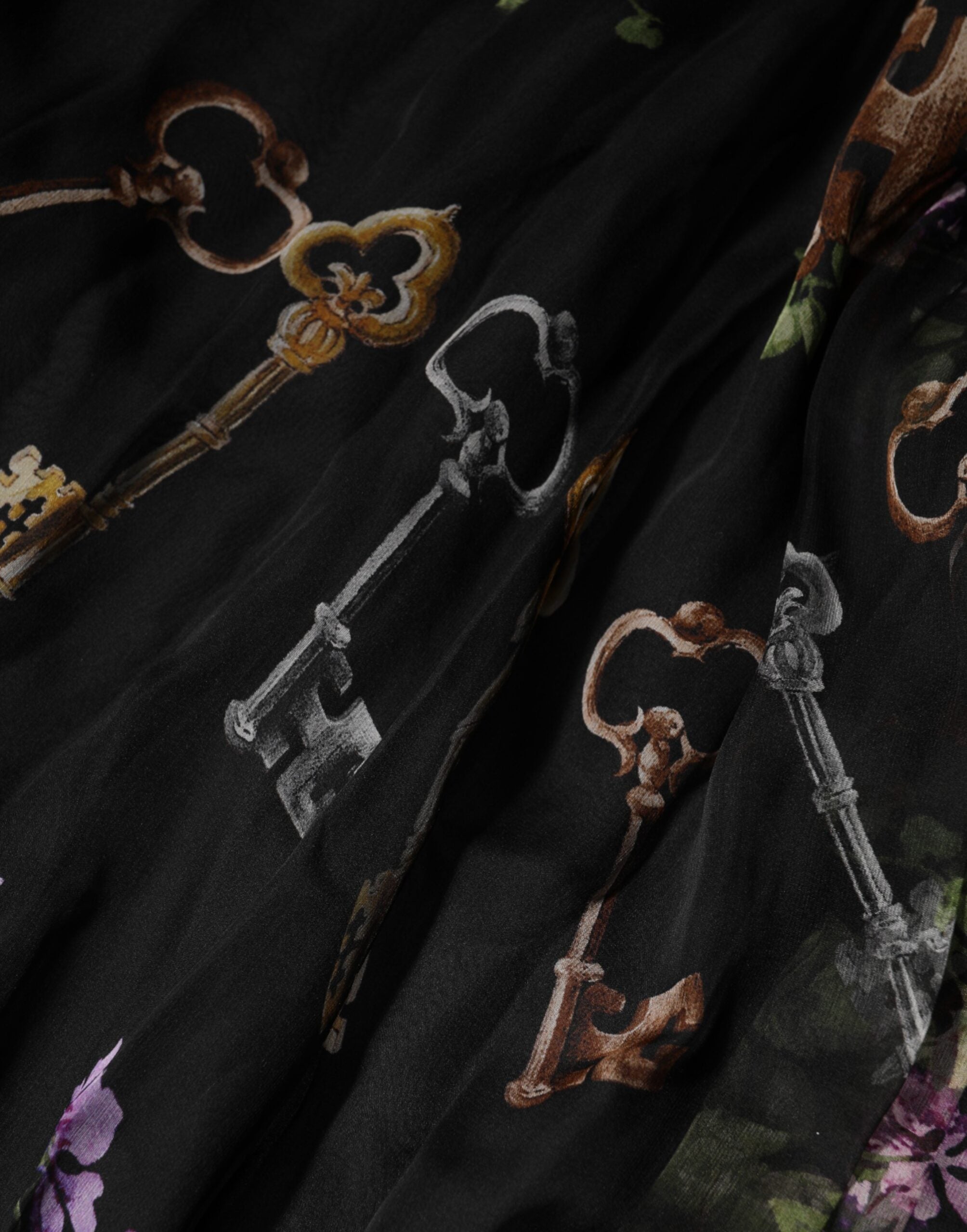 Black Floral Key Print Crystal Strapless Dress - ventzia