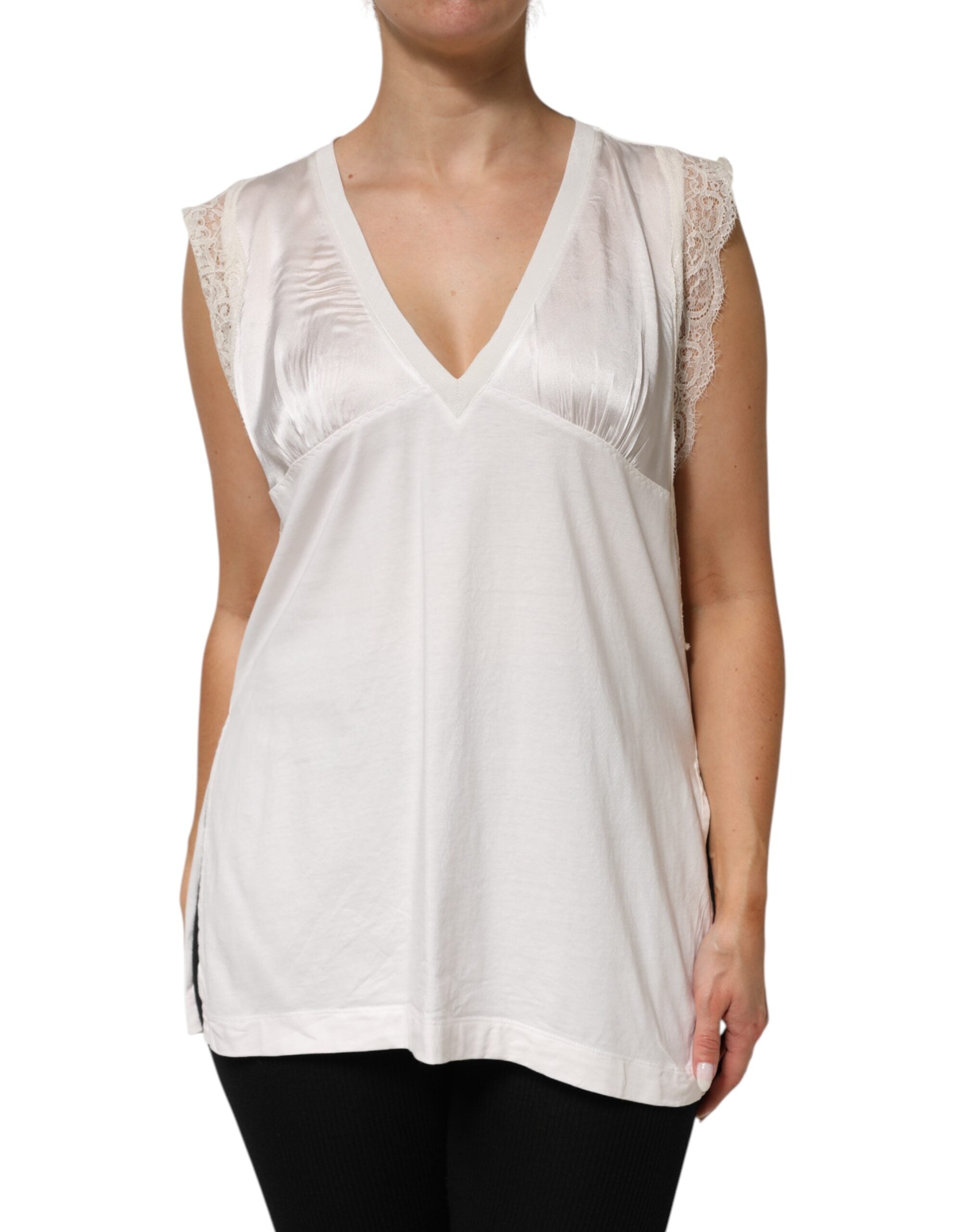 White Silk Blend Lace Trim Sleeveless V-Neck Womenβs Top - ventzia