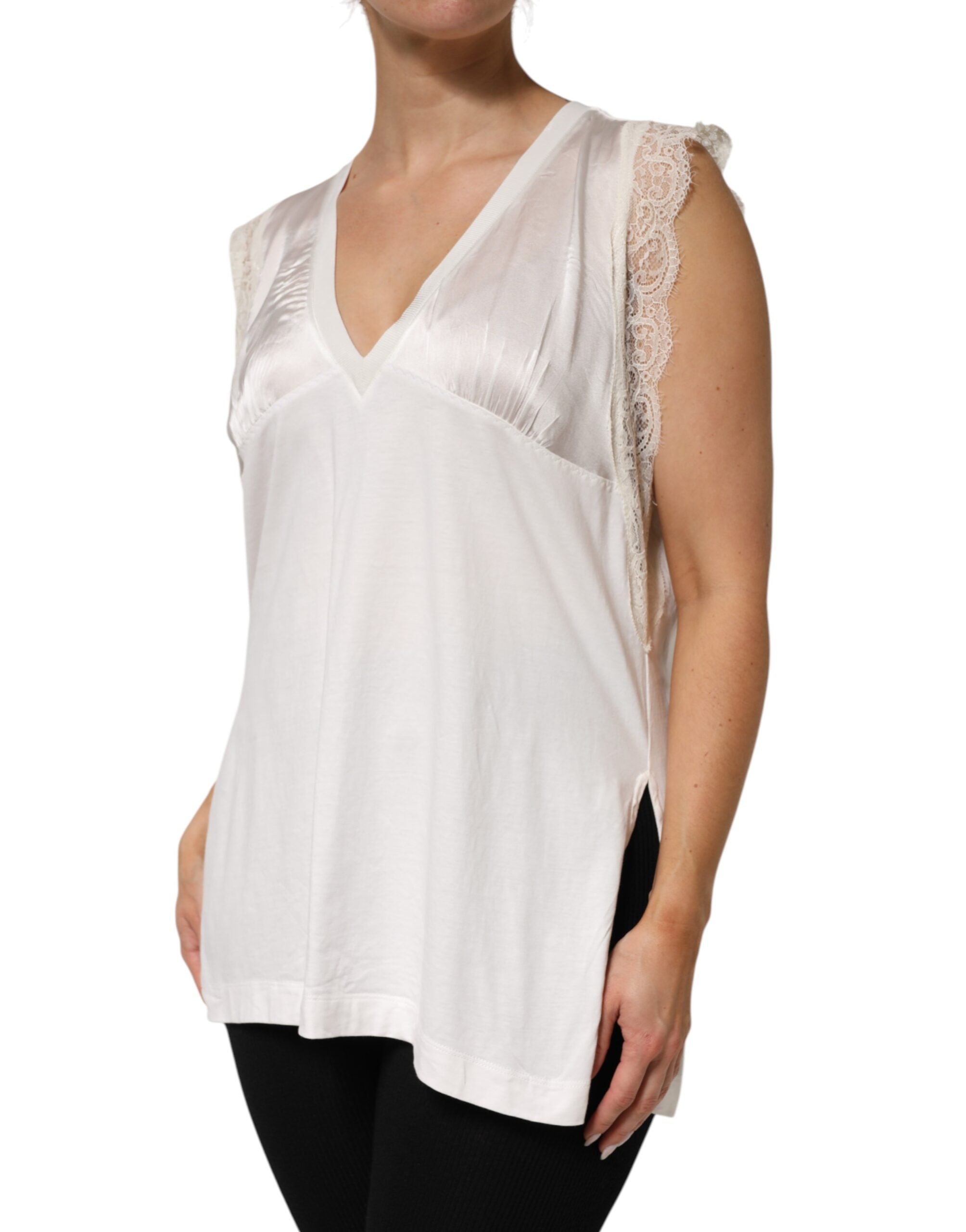 White Silk Blend Lace Trim Sleeveless V-Neck Women’s Top - ventzia
