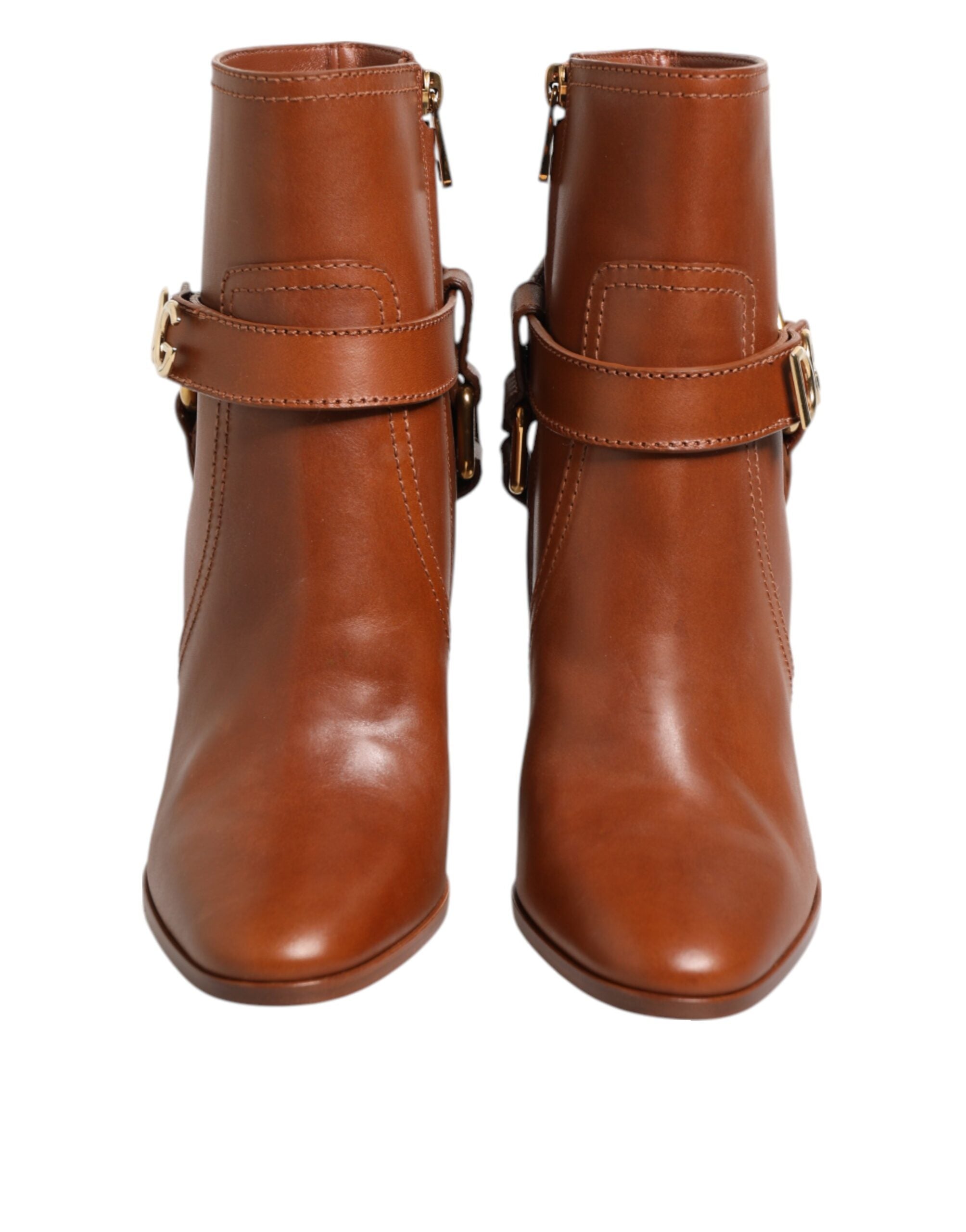 Brown Leather DG Logo Buckle Ankle Boots Shoes - ventzia