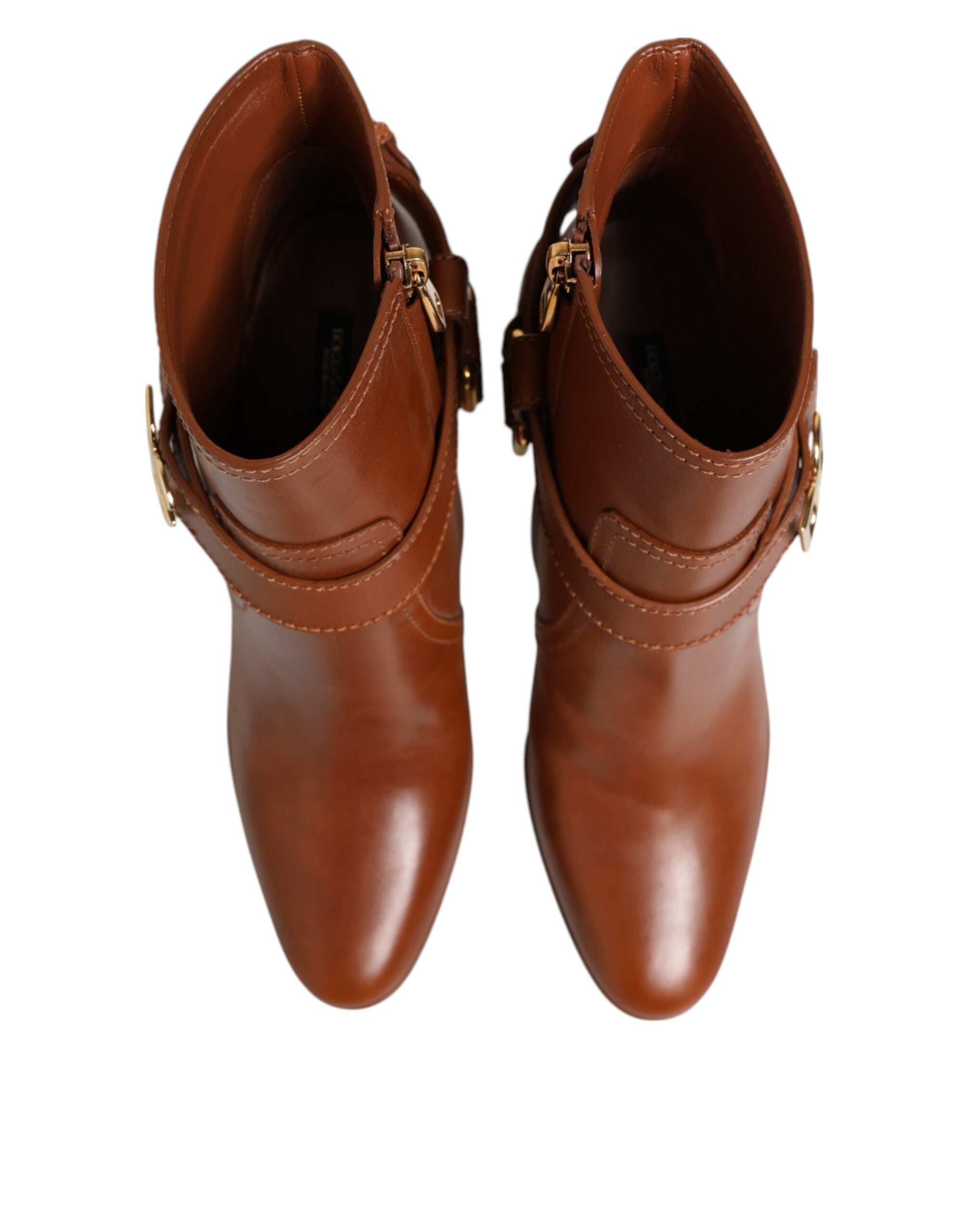 Brown Leather DG Logo Buckle Ankle Boots Shoes - ventzia