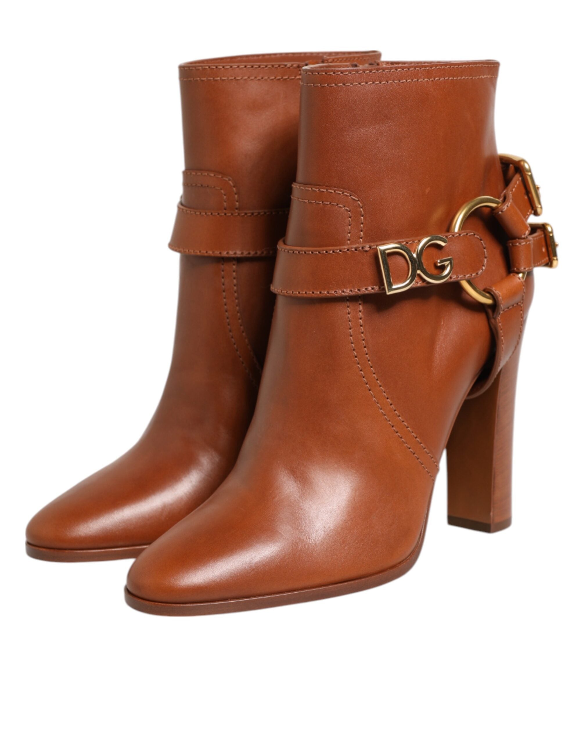 Brown Leather DG Logo Buckle Ankle Boots Shoes - ventzia