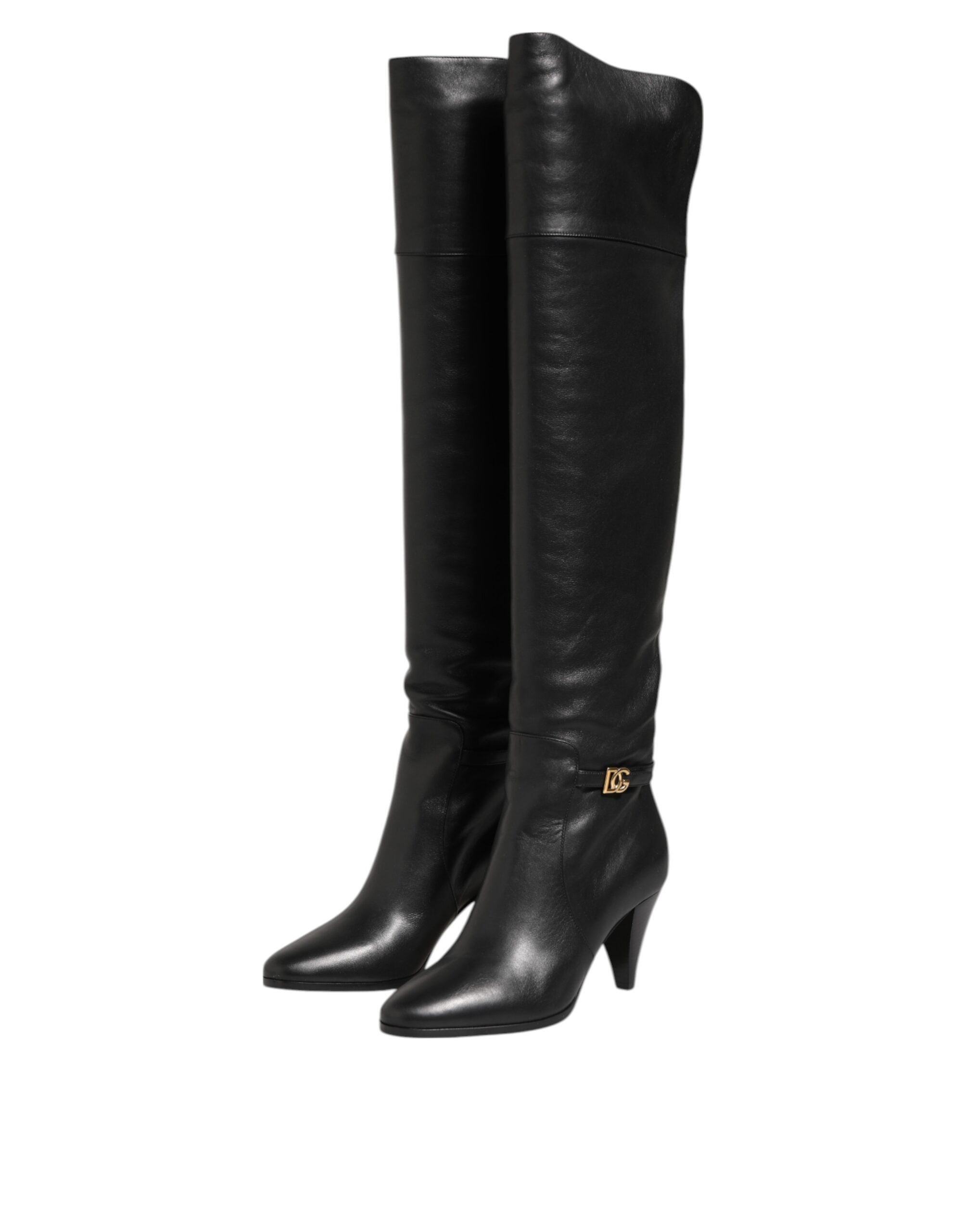 Black Leather Over-The-Knee DG Boots Shoes - ventzia