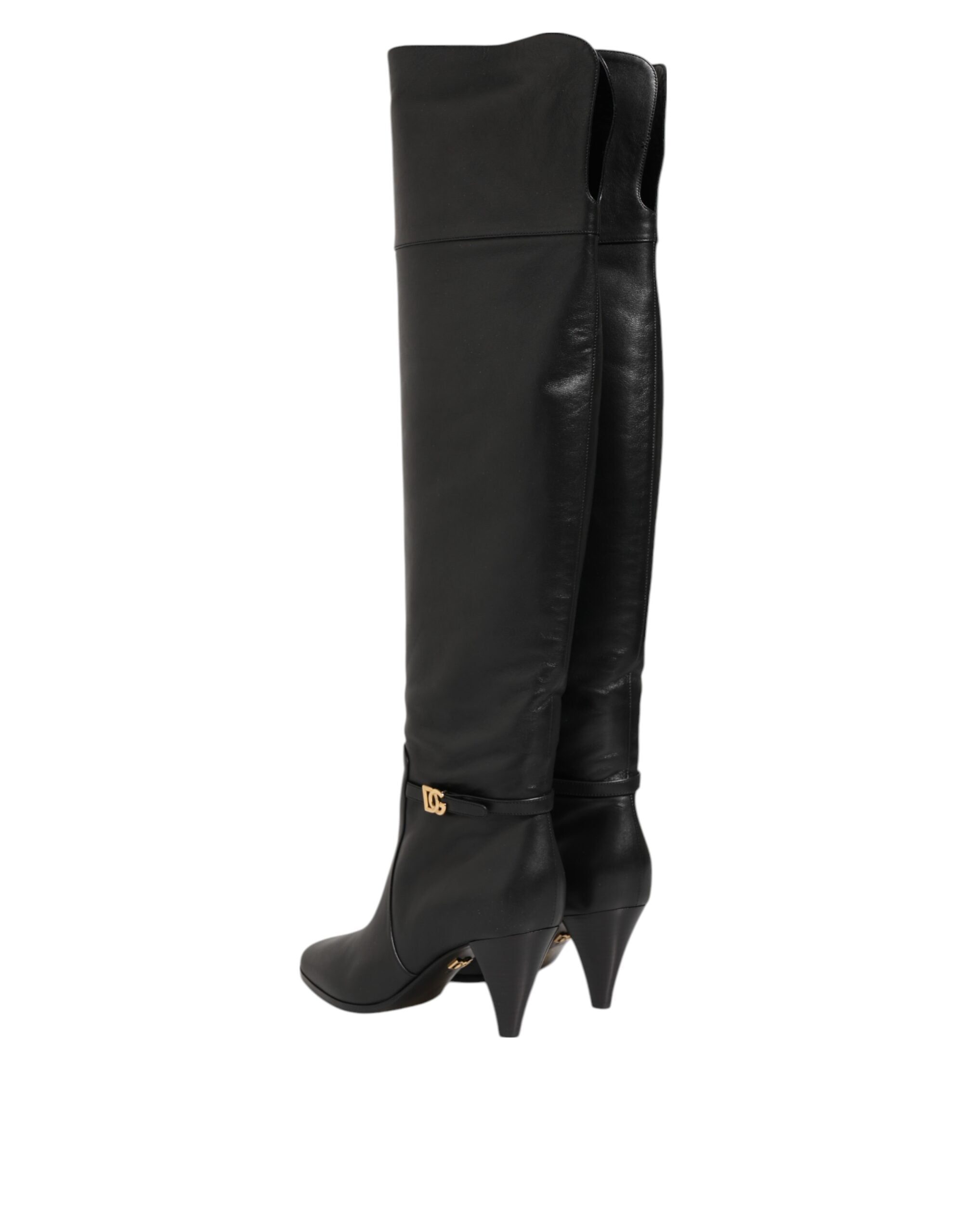Black Leather Over-The-Knee DG Boots Shoes - ventzia