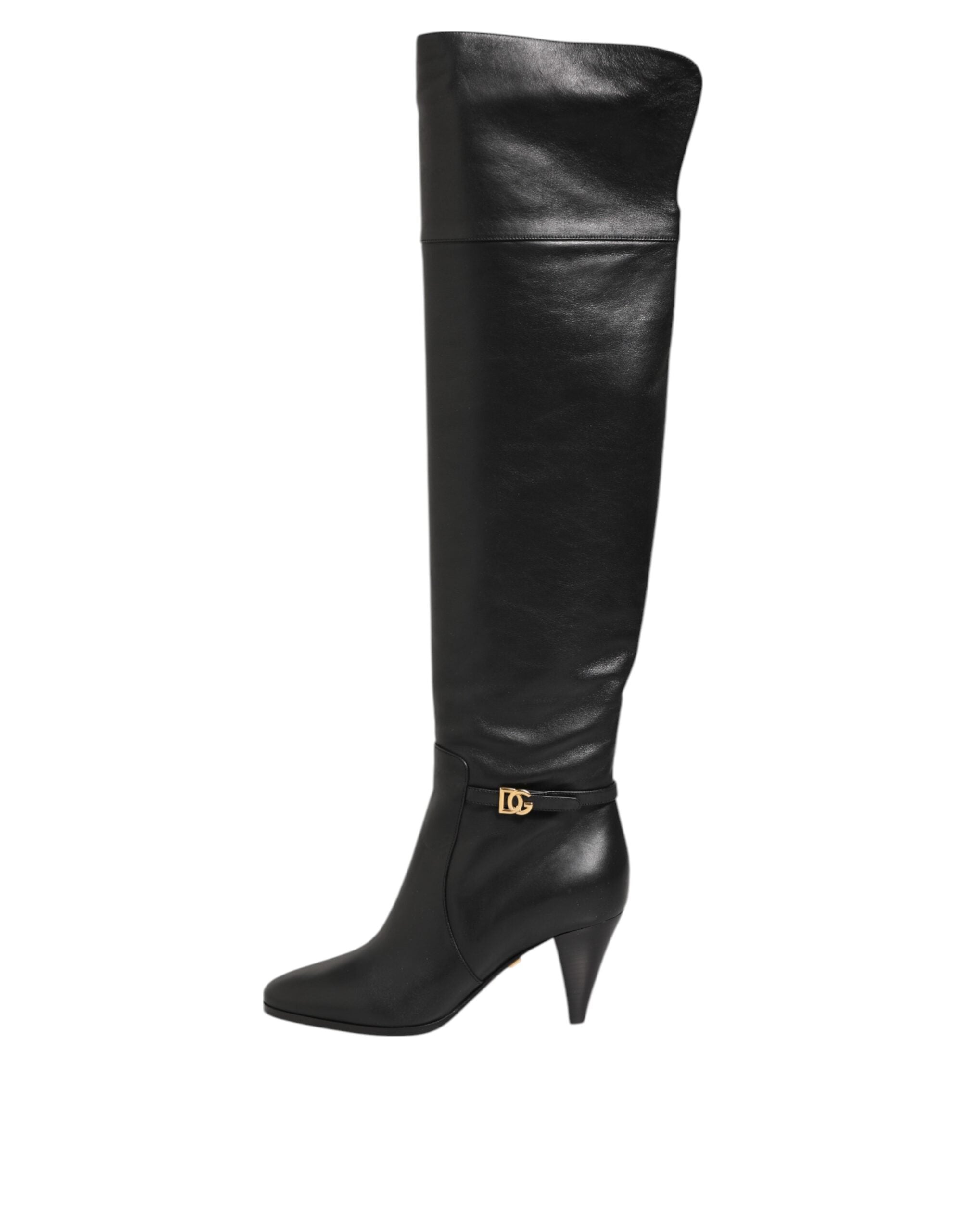 Black Leather Over-The-Knee DG Boots Shoes - ventzia
