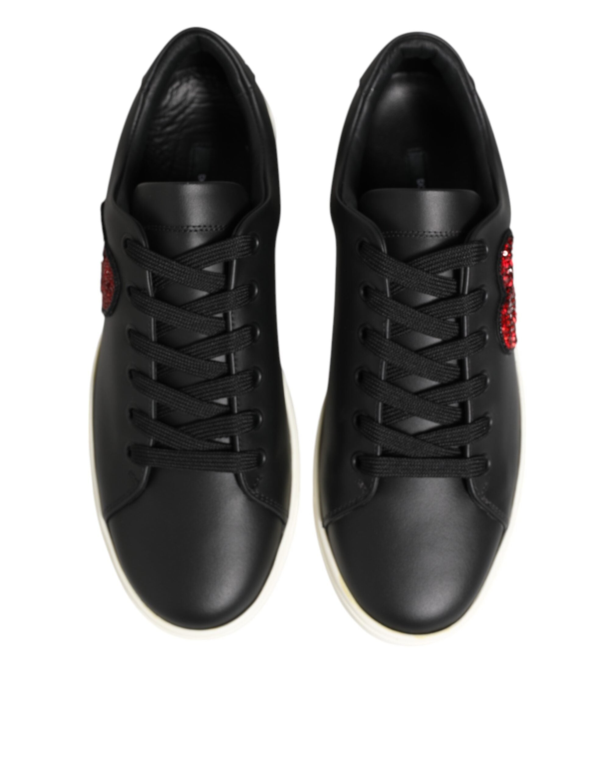 Black White Leather Crystal Heart Sneakers Shoes - ventzia