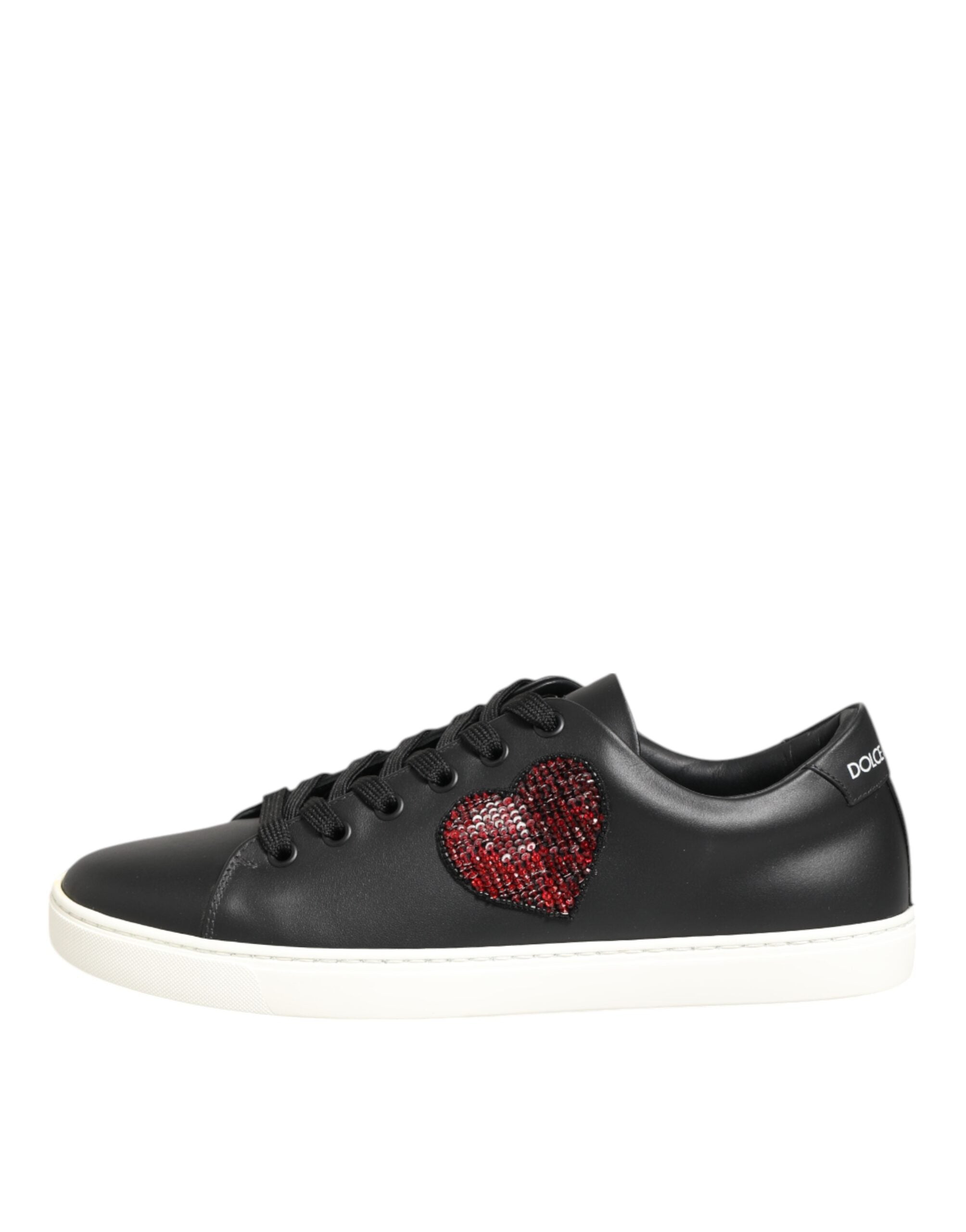 Black White Leather Crystal Heart Sneakers Shoes - ventzia