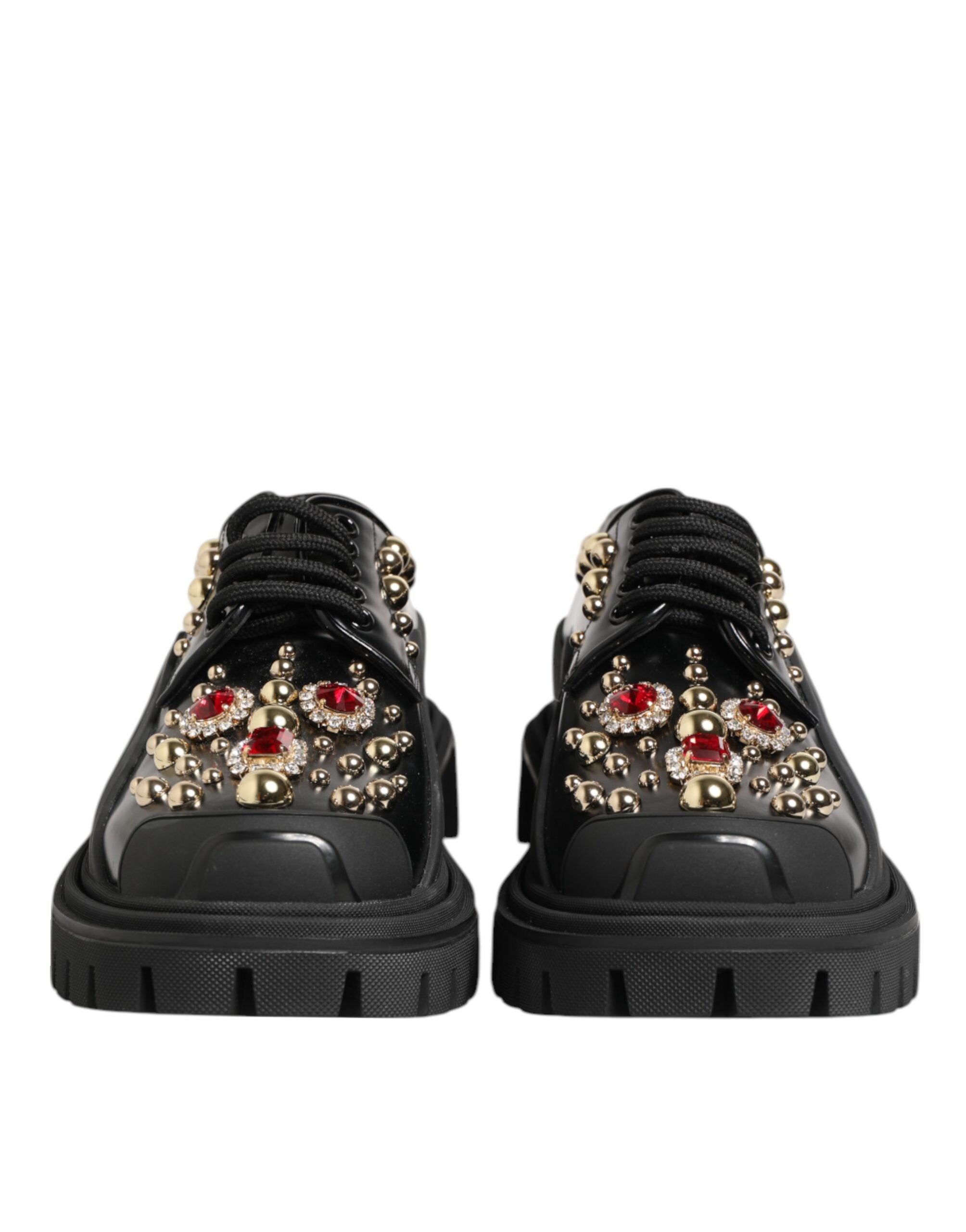 Black Leather Jeweled Crystals Derby Shoes - ventzia