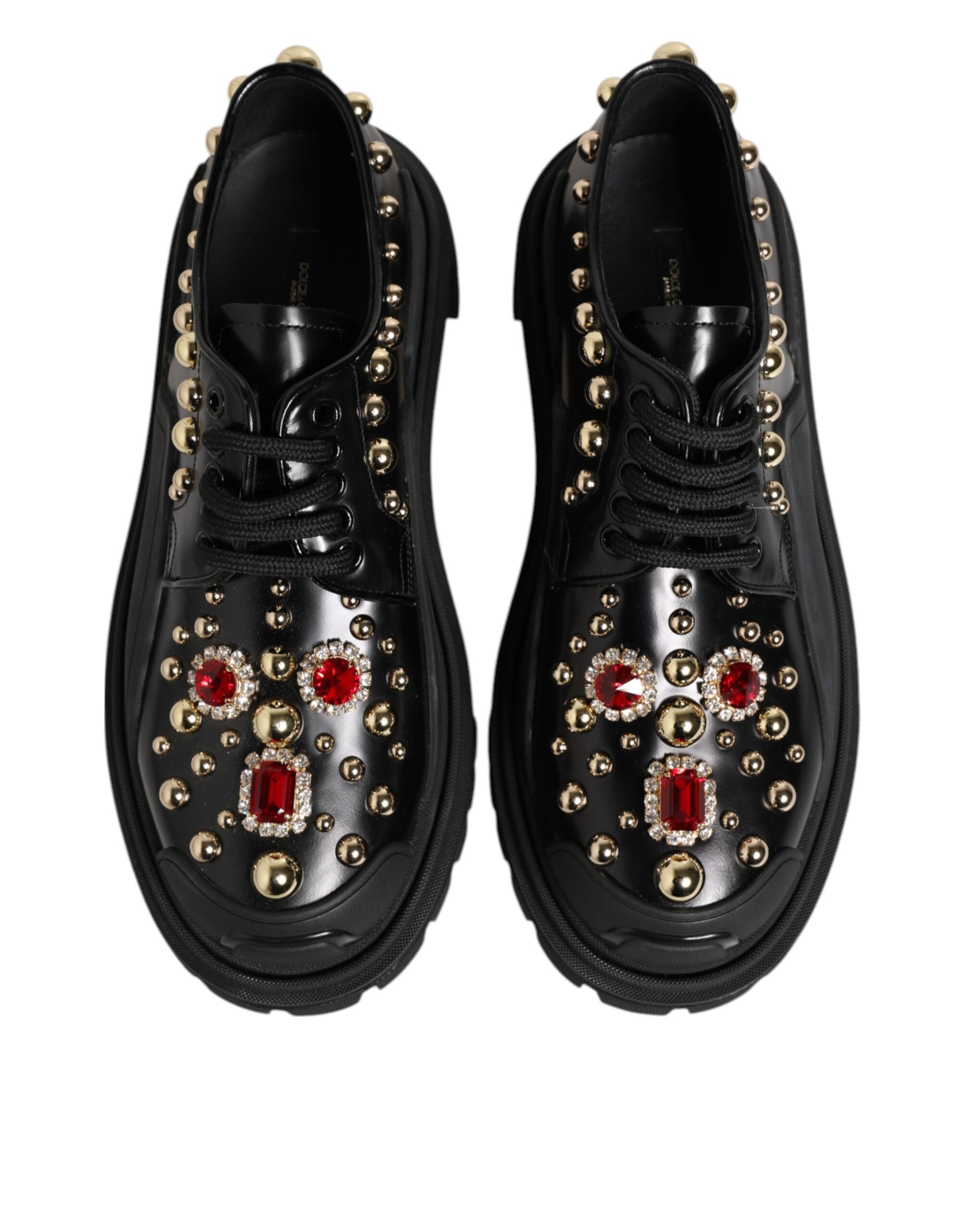 Black Leather Jeweled Crystals Derby Shoes - ventzia