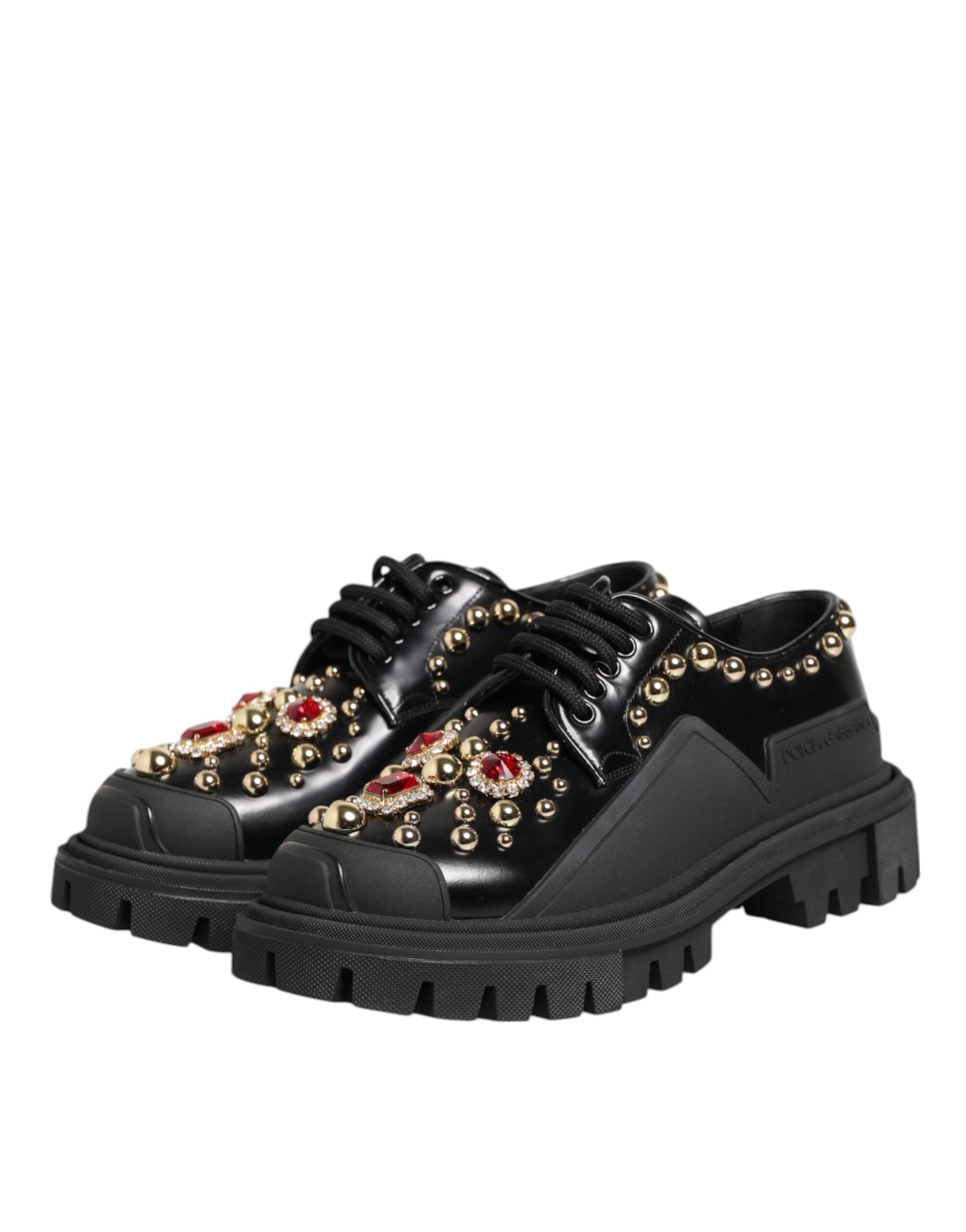 Black Leather Jeweled Crystals Derby Shoes - ventzia