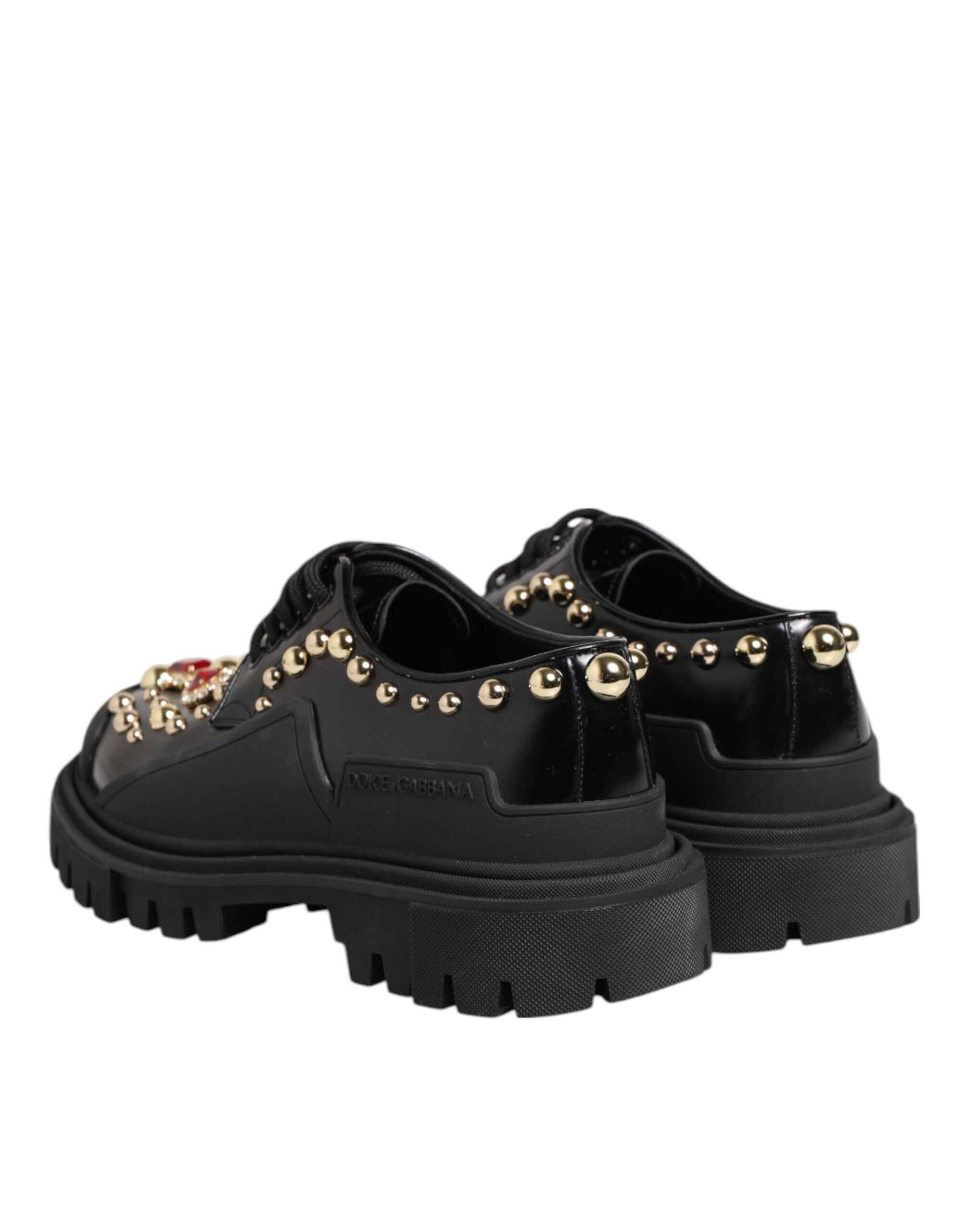 Black Leather Jeweled Crystals Derby Shoes - ventzia