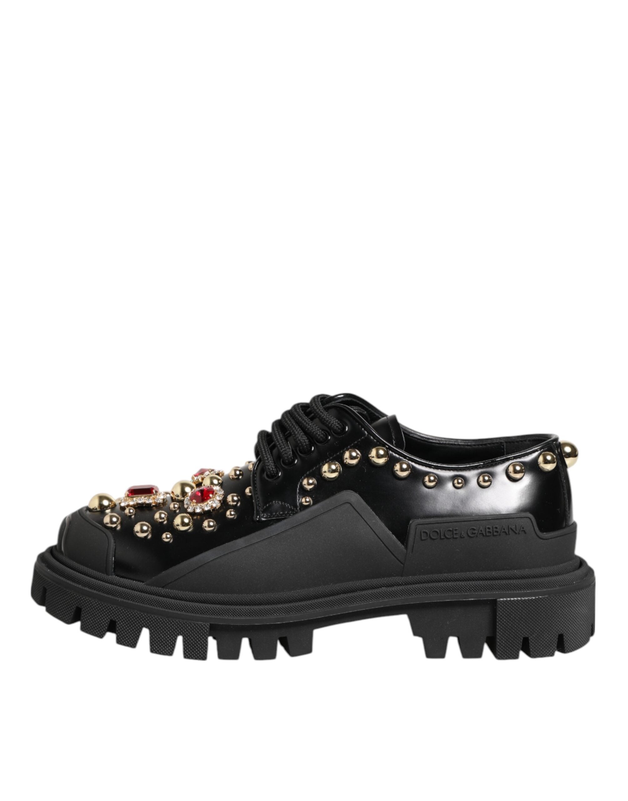 Black Leather Jeweled Crystals Derby Shoes - ventzia