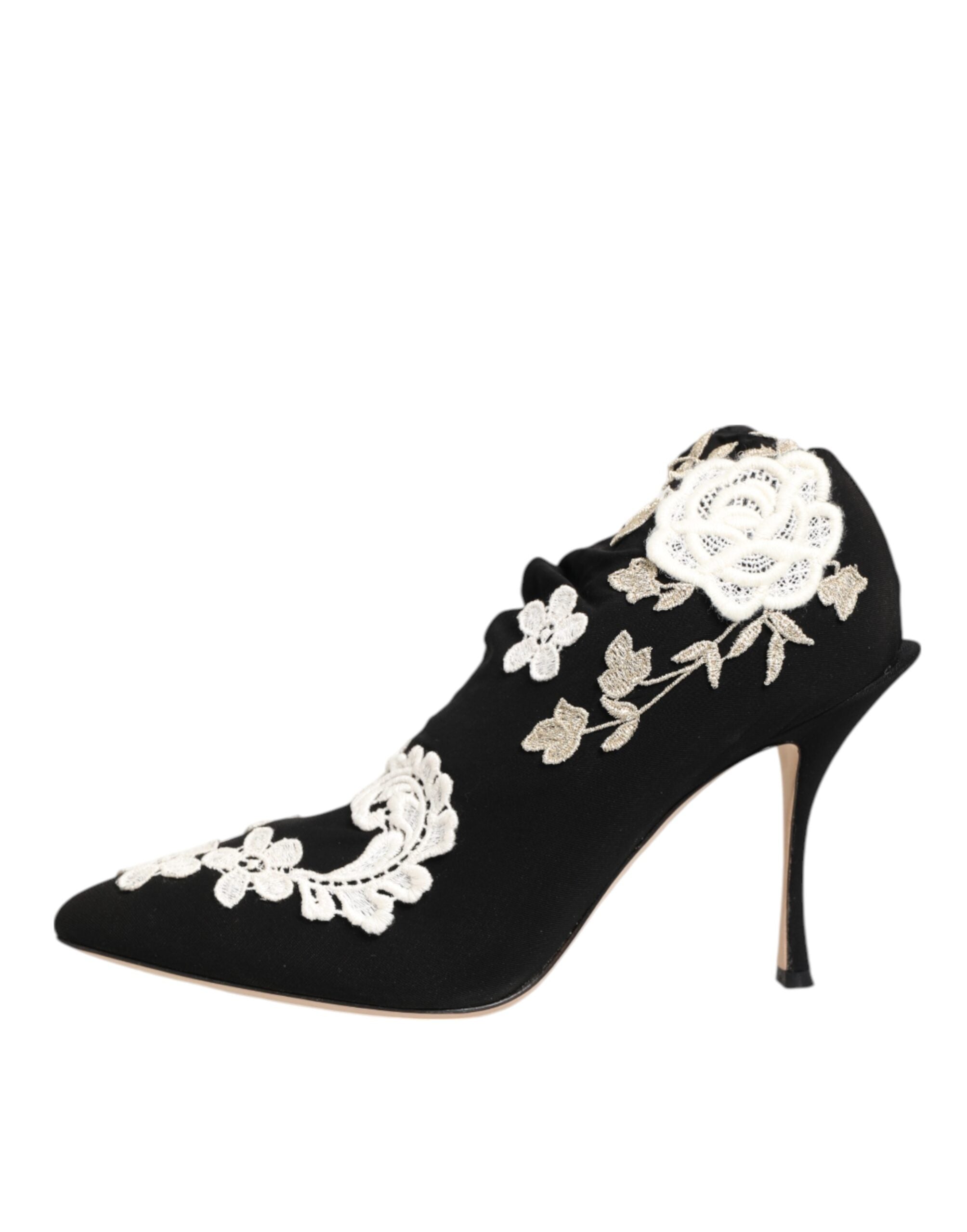 Black White Embroidered Jersey Stiletto Boots Shoes - ventzia