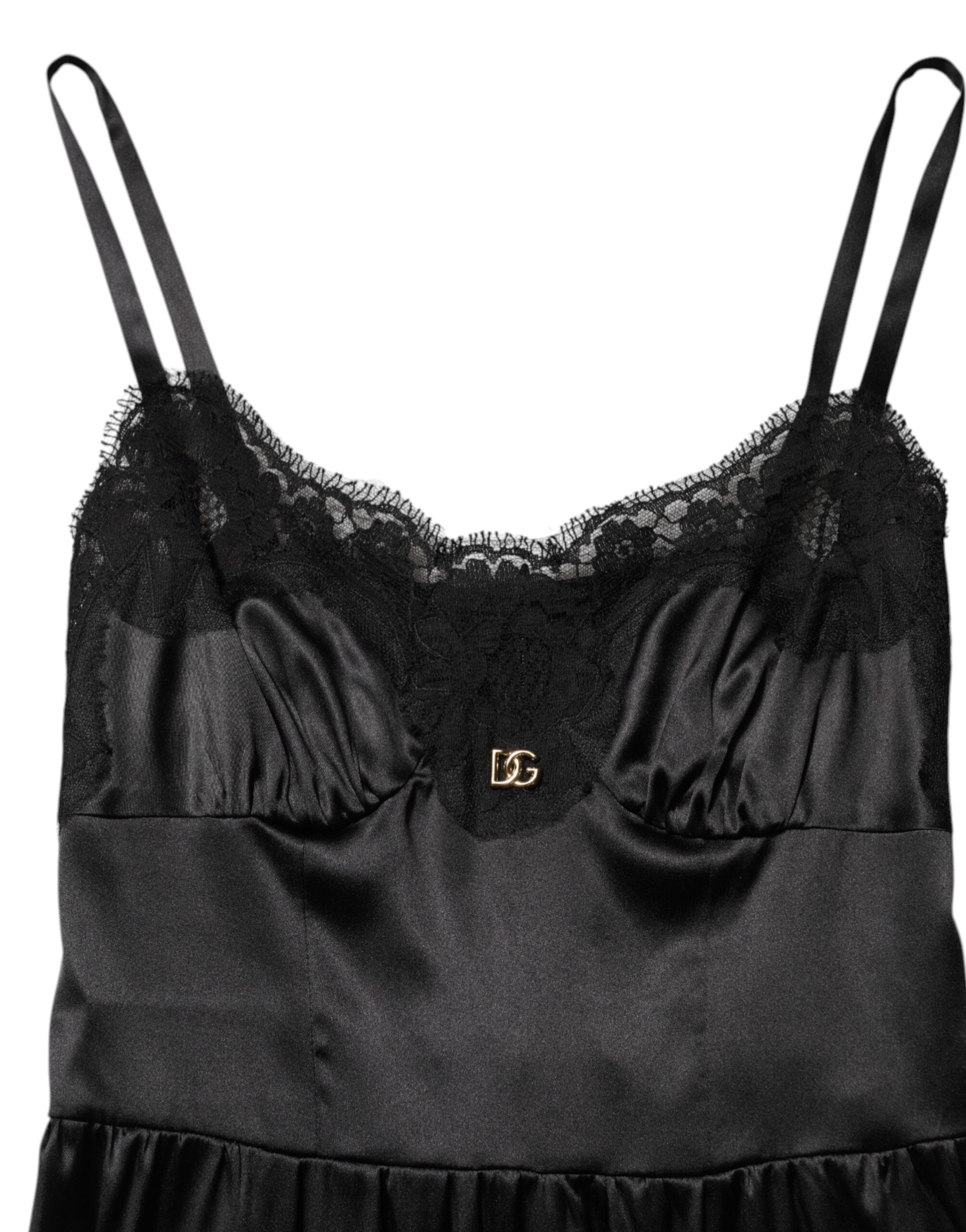 Black Silk Blend Lace Trim Sleeveless Mini Dress - ventzia