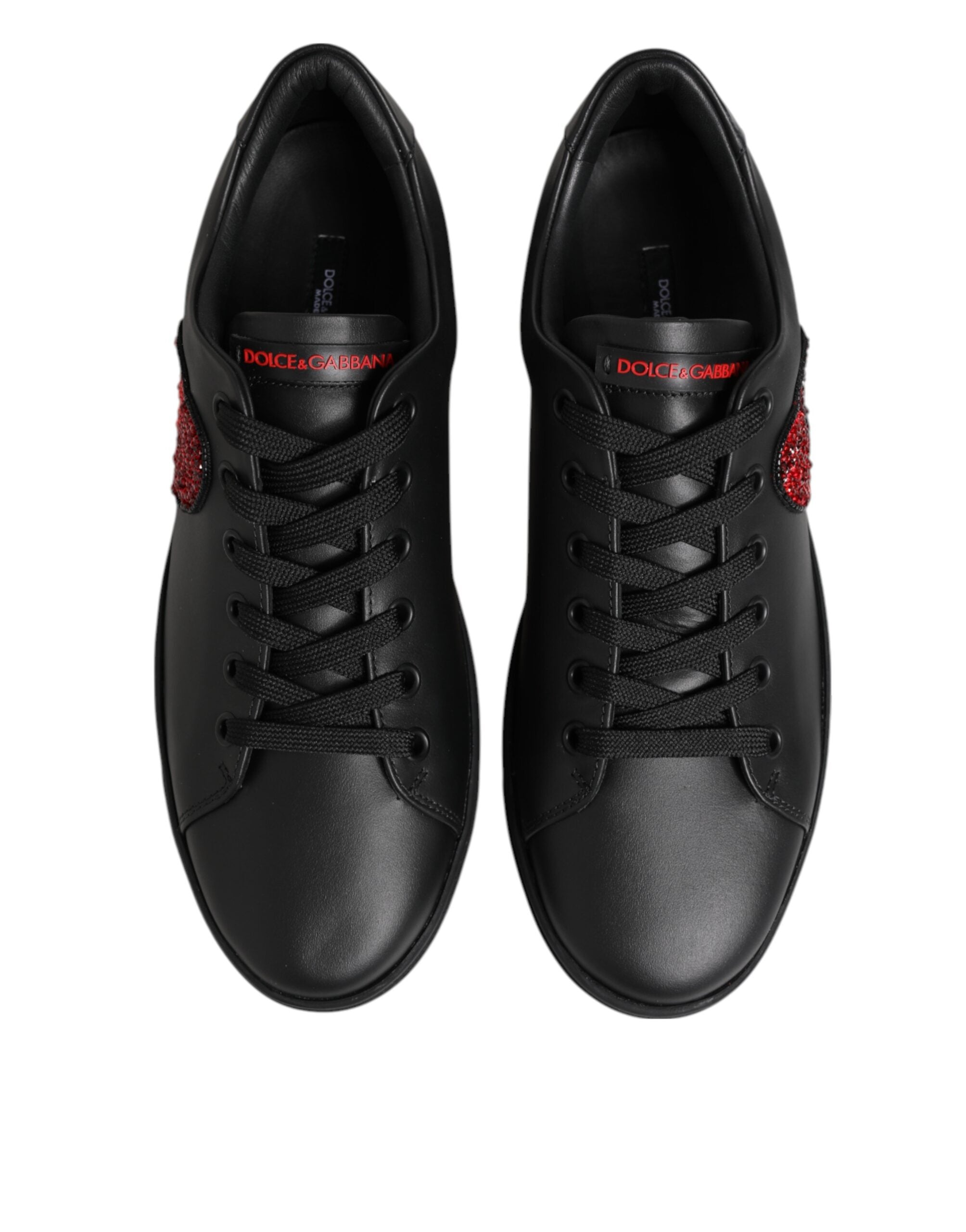 Black Leather Crystal Heart Low Top Sneakers Shoes - ventzia