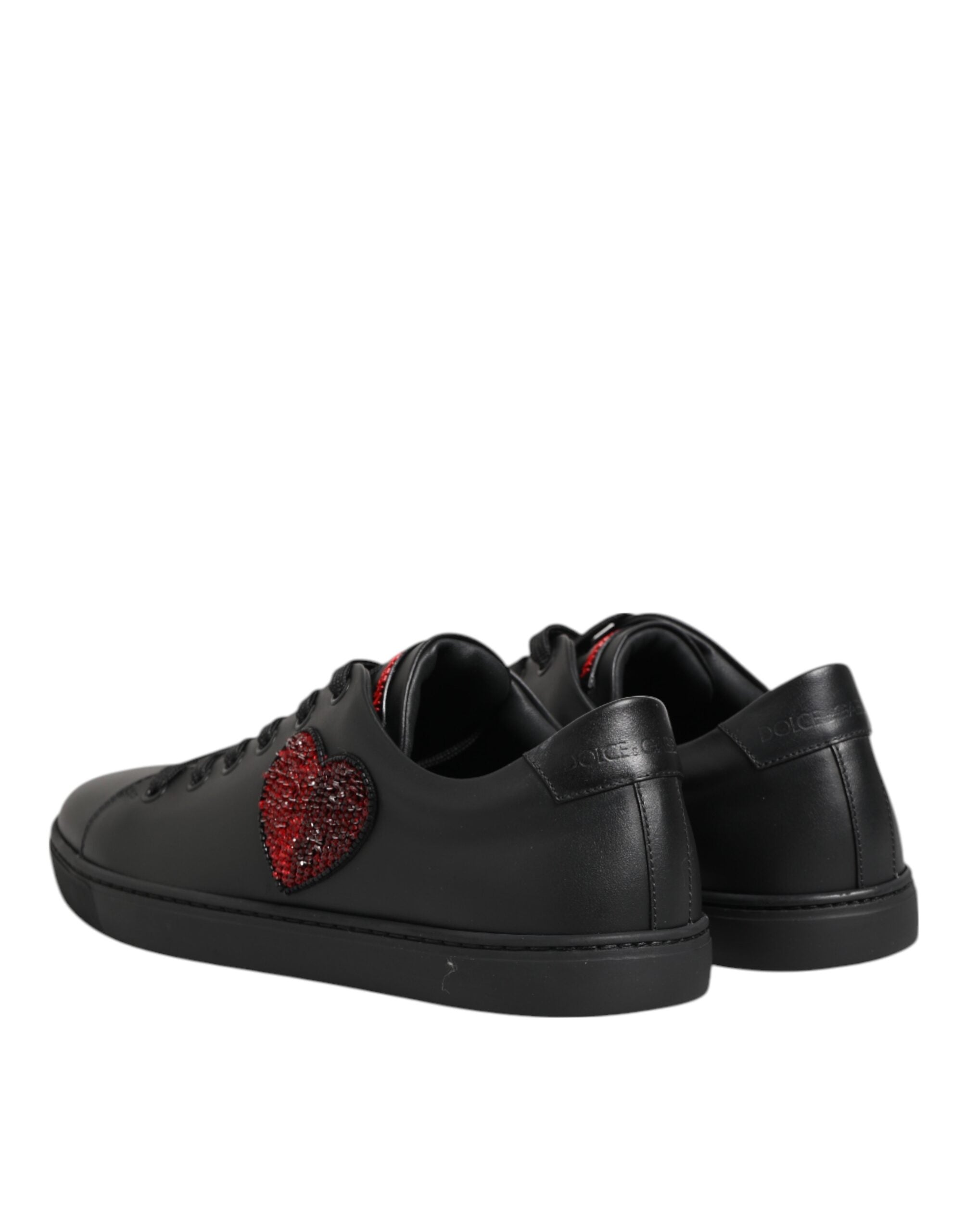 Black Leather Crystal Heart Low Top Sneakers Shoes - ventzia