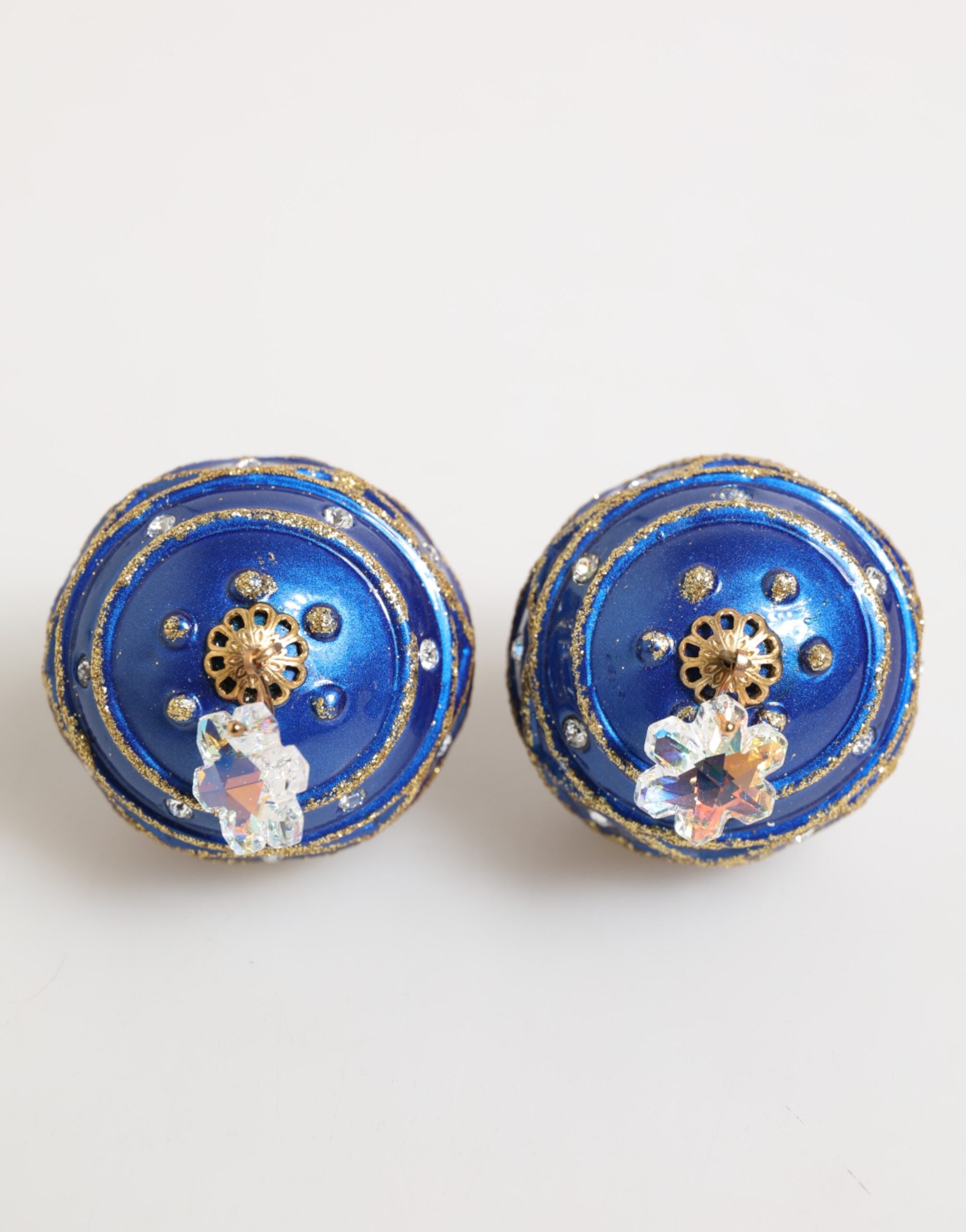 Gold Brass Blue Christmas Ball Crystal Drop Clip On Earrings - ventzia
