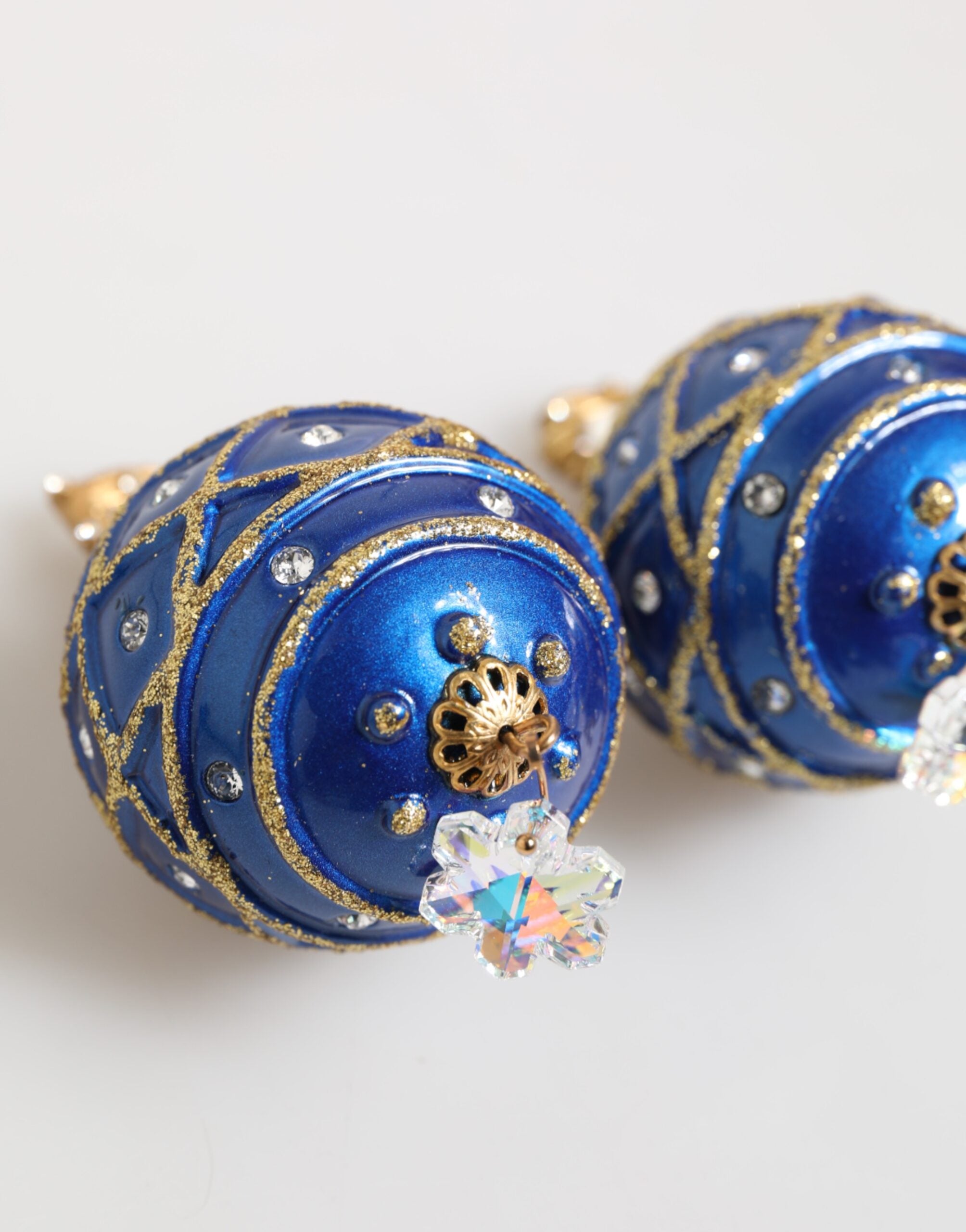 Gold Brass Blue Christmas Ball Crystal Drop Clip On Earrings - ventzia