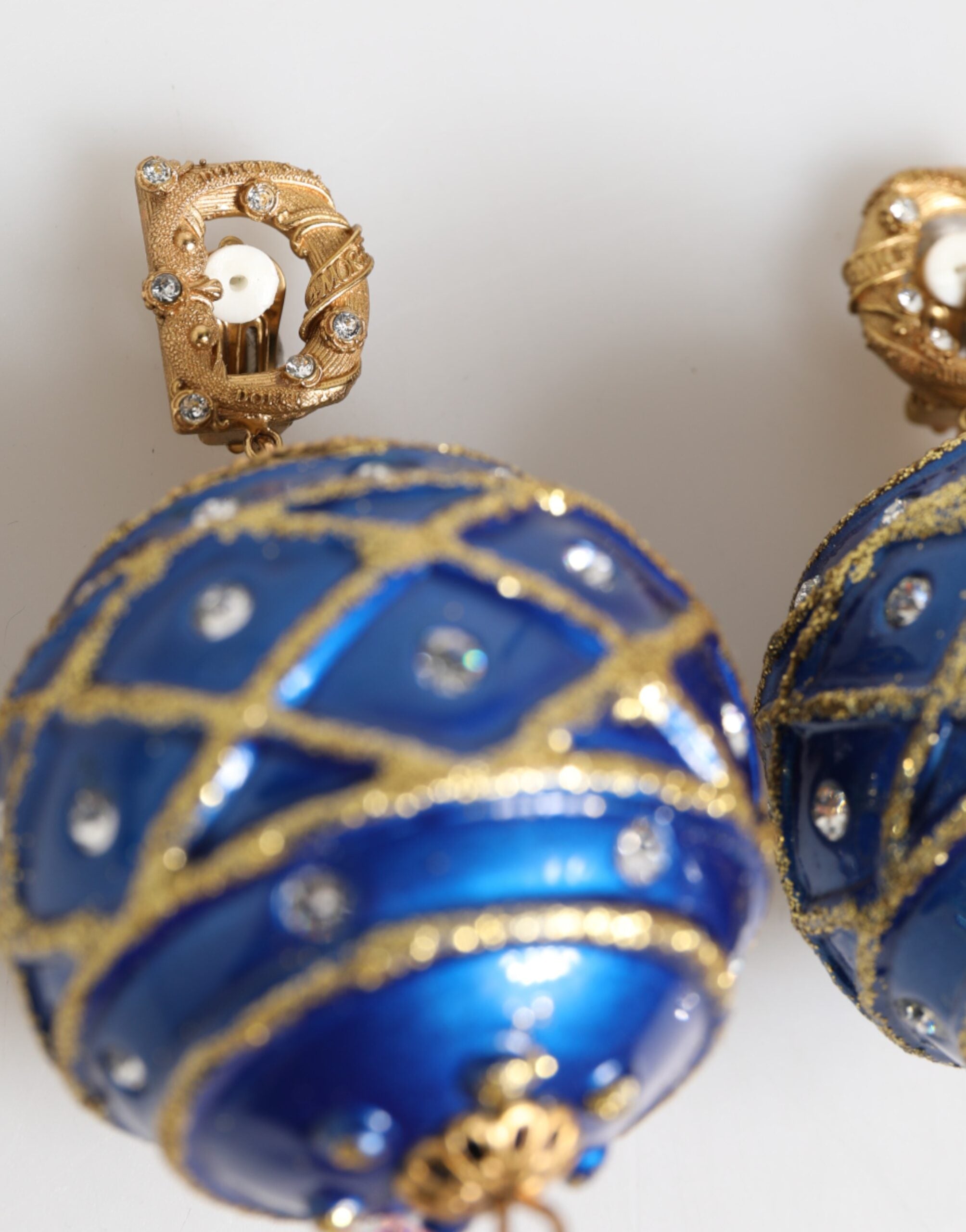 Gold Brass Blue Christmas Ball Crystal Drop Clip On Earrings - ventzia