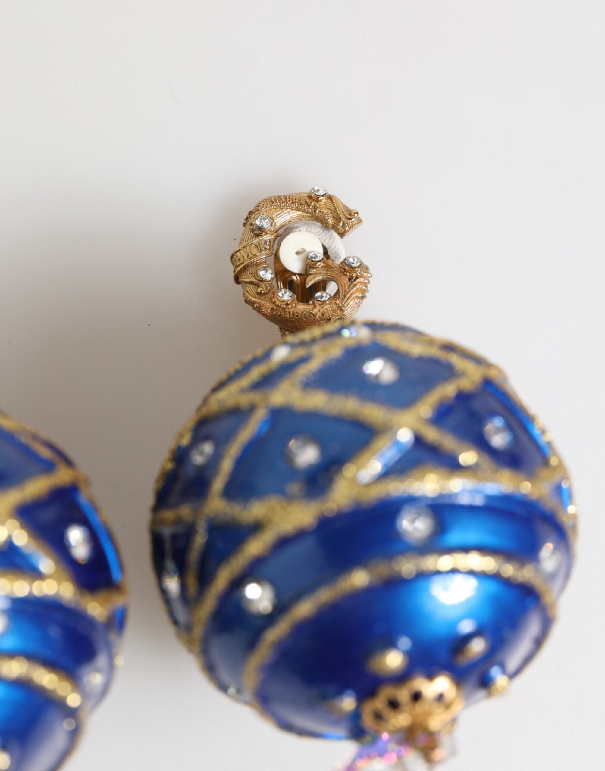 Gold Brass Blue Christmas Ball Crystal Drop Clip On Earrings - ventzia