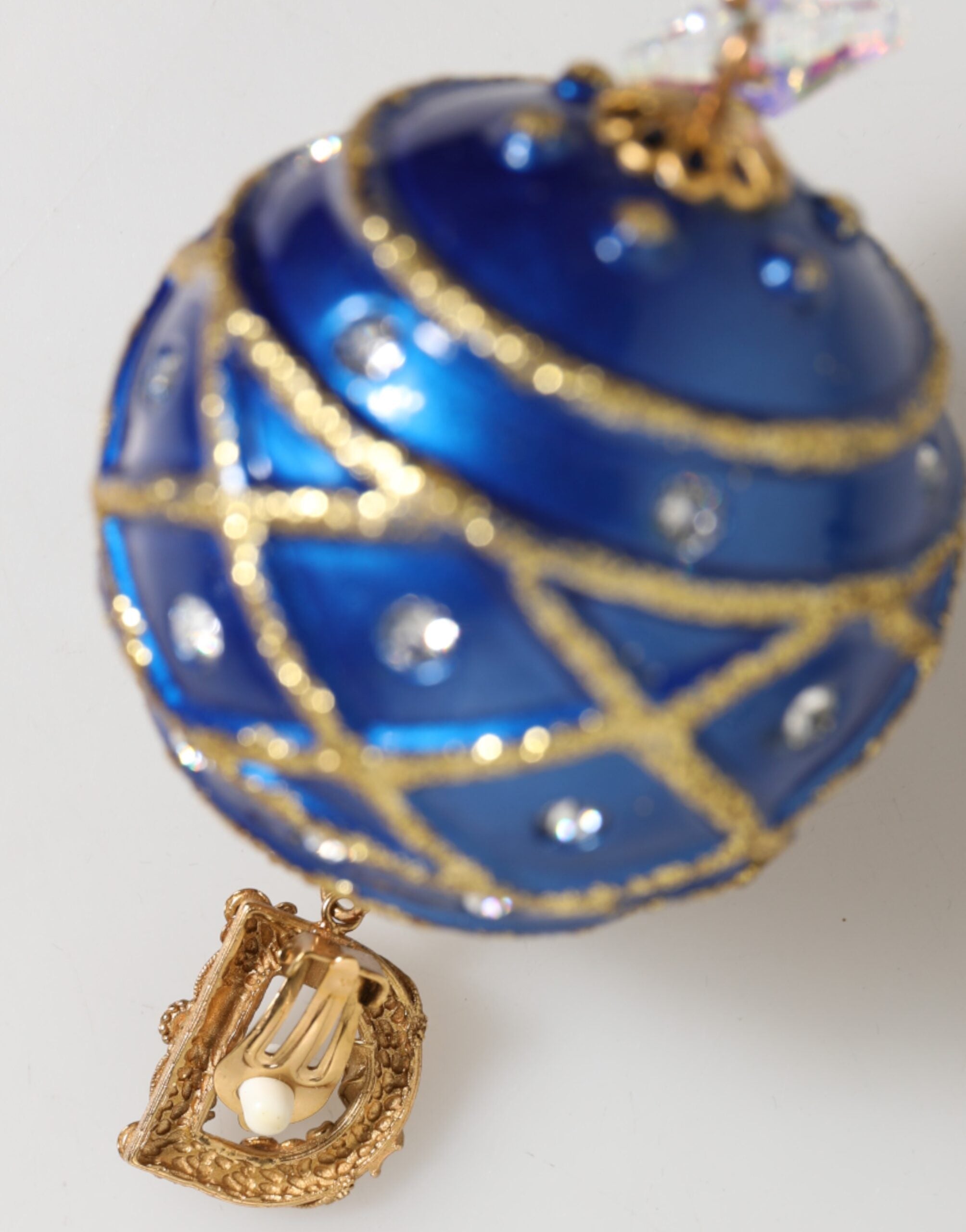 Gold Brass Blue Christmas Ball Crystal Drop Clip On Earrings - ventzia