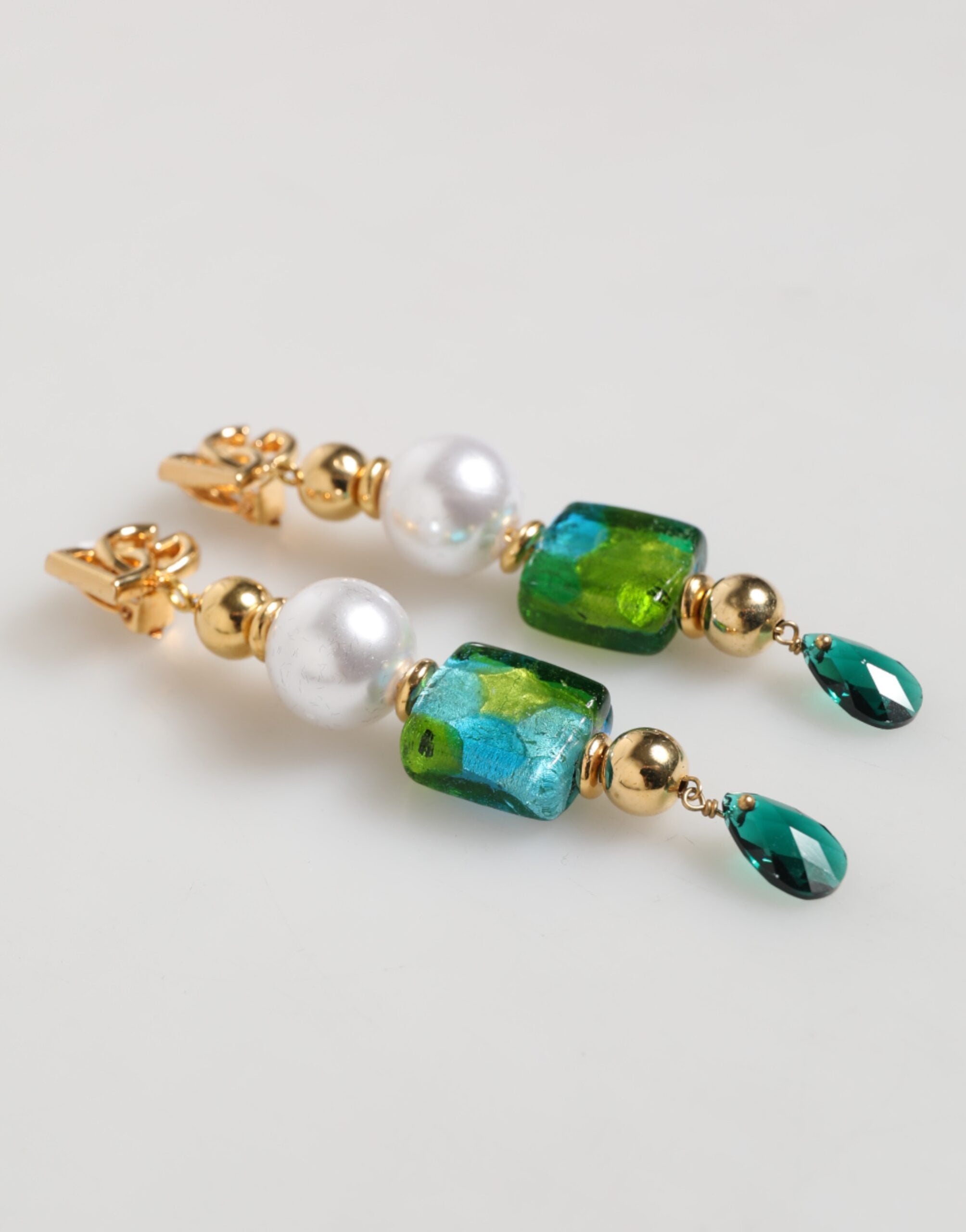 Gold Brass Multicolour Pearl Green Blue Drop Logo DG Earrings - ventzia