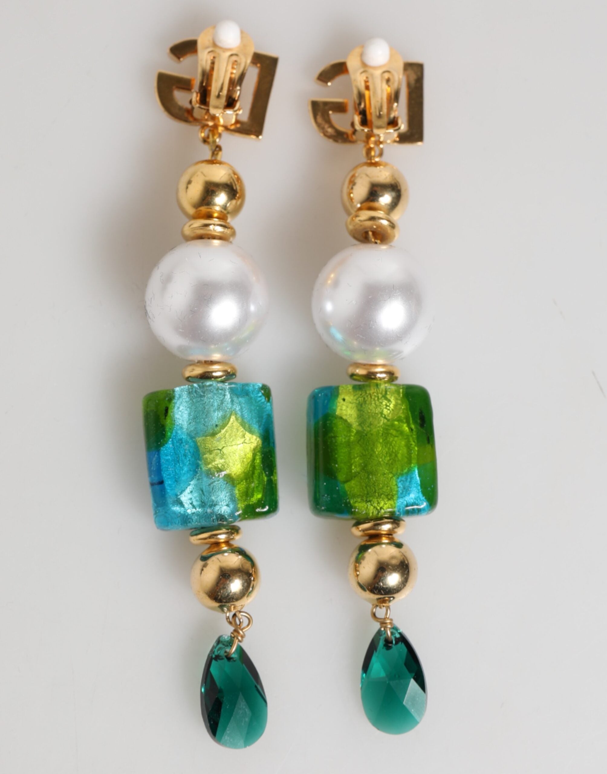 Gold Brass Multicolour Pearl Green Blue Drop Logo DG Earrings - ventzia