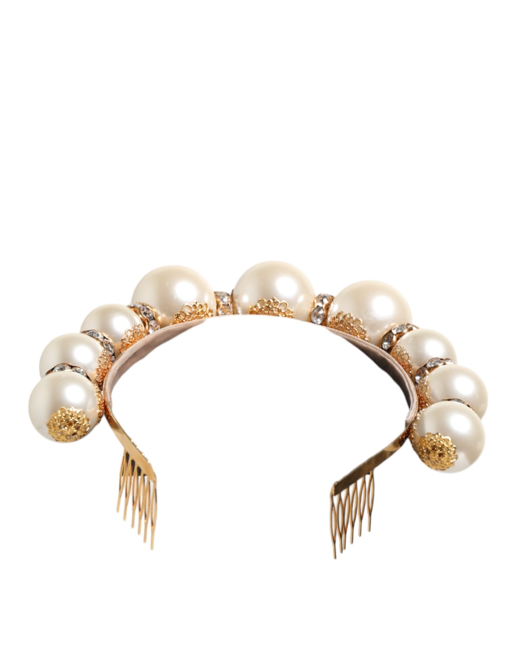 Gold Pearl Crystal Embellished Tiara Hair Accessory Headband - ventzia