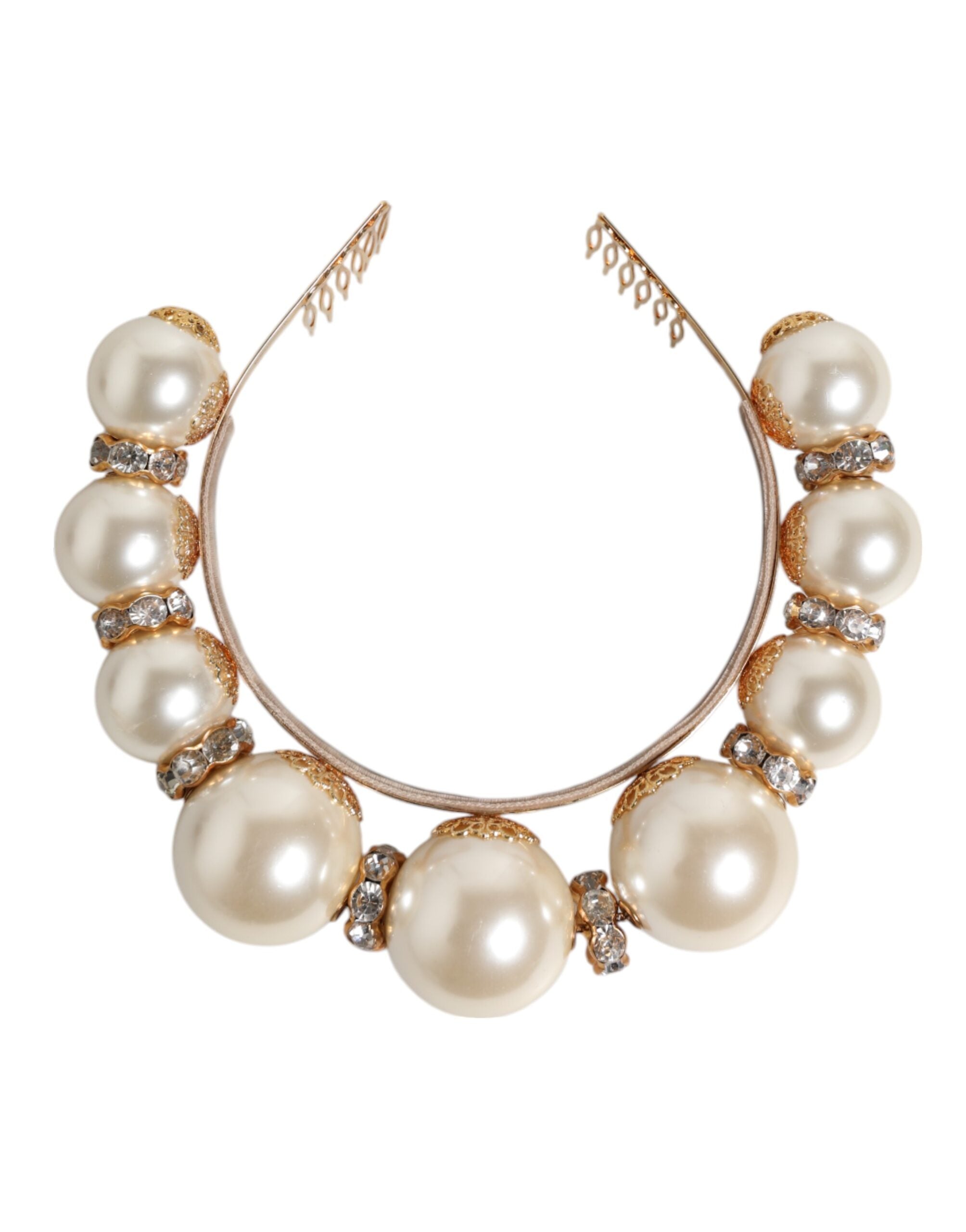 Gold Pearl Crystal Embellished Tiara Hair Accessory Headband - ventzia