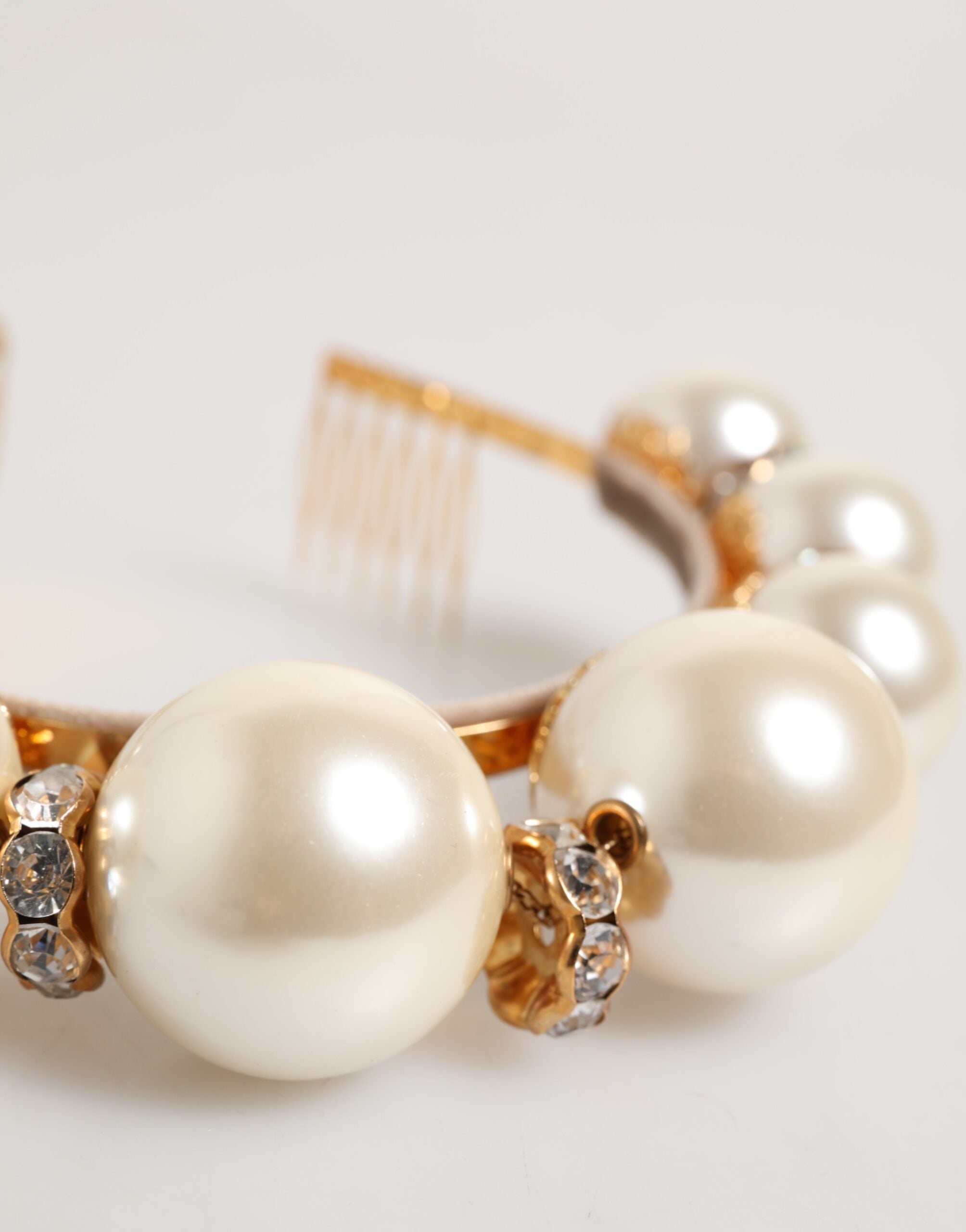 Gold Pearl Crystal Embellished Tiara Hair Accessory Headband - ventzia