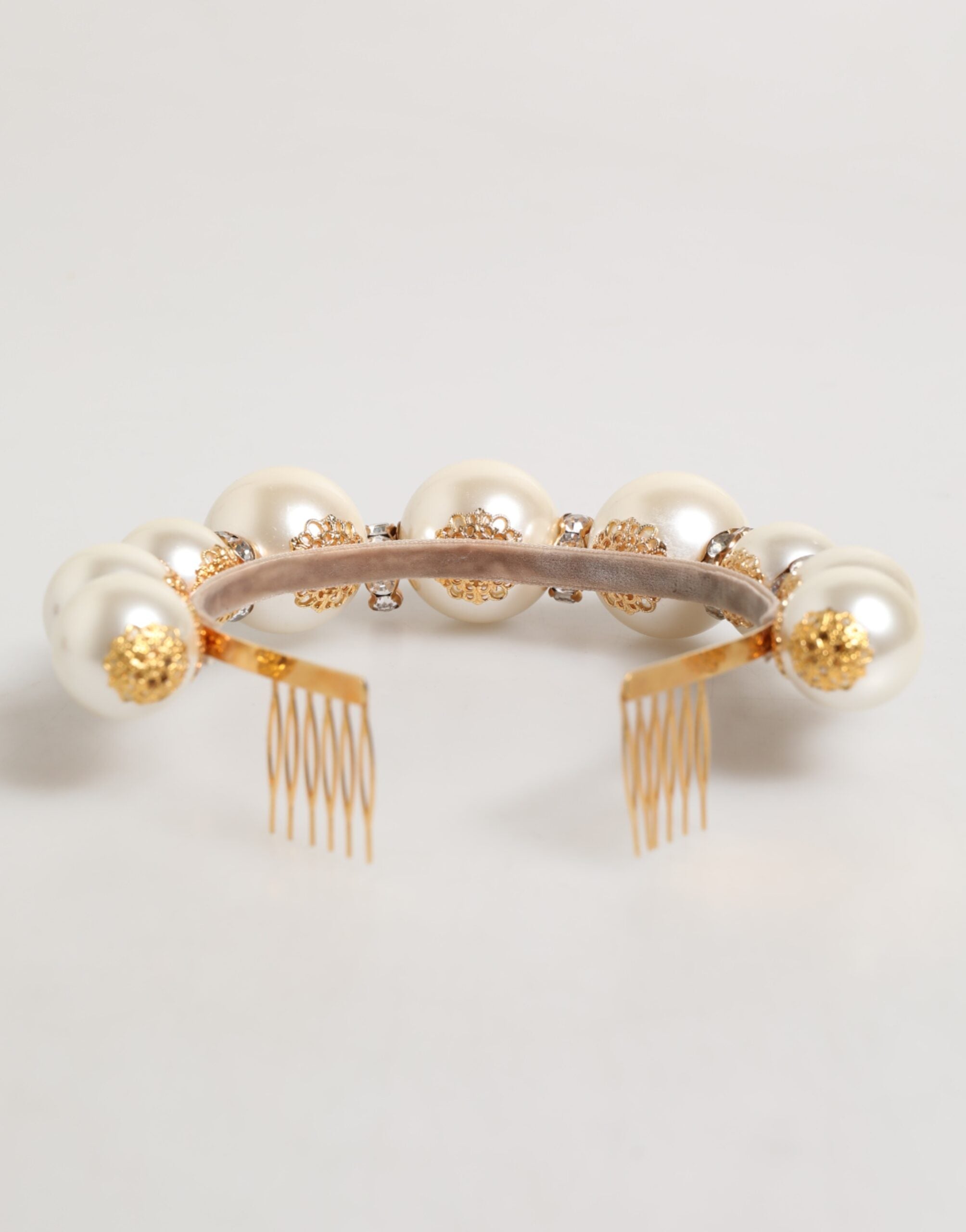 Gold Pearl Crystal Embellished Tiara Hair Accessory Headband - ventzia