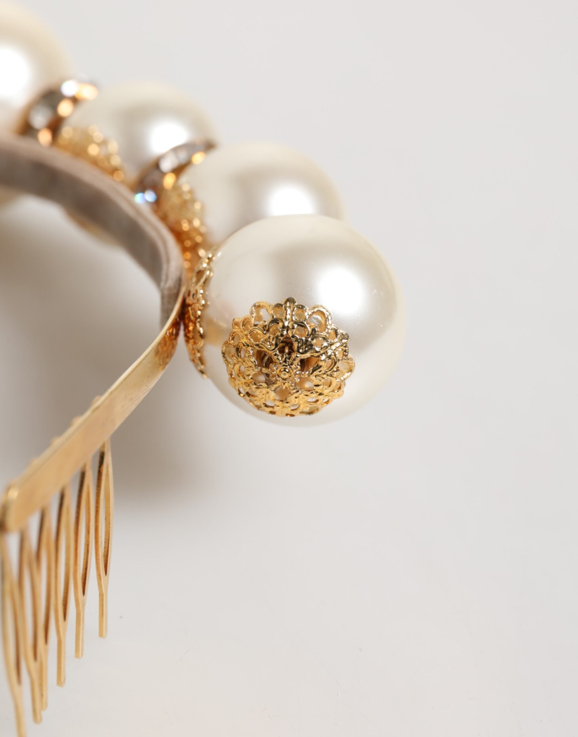 Gold Pearl Crystal Embellished Tiara Hair Accessory Headband - ventzia