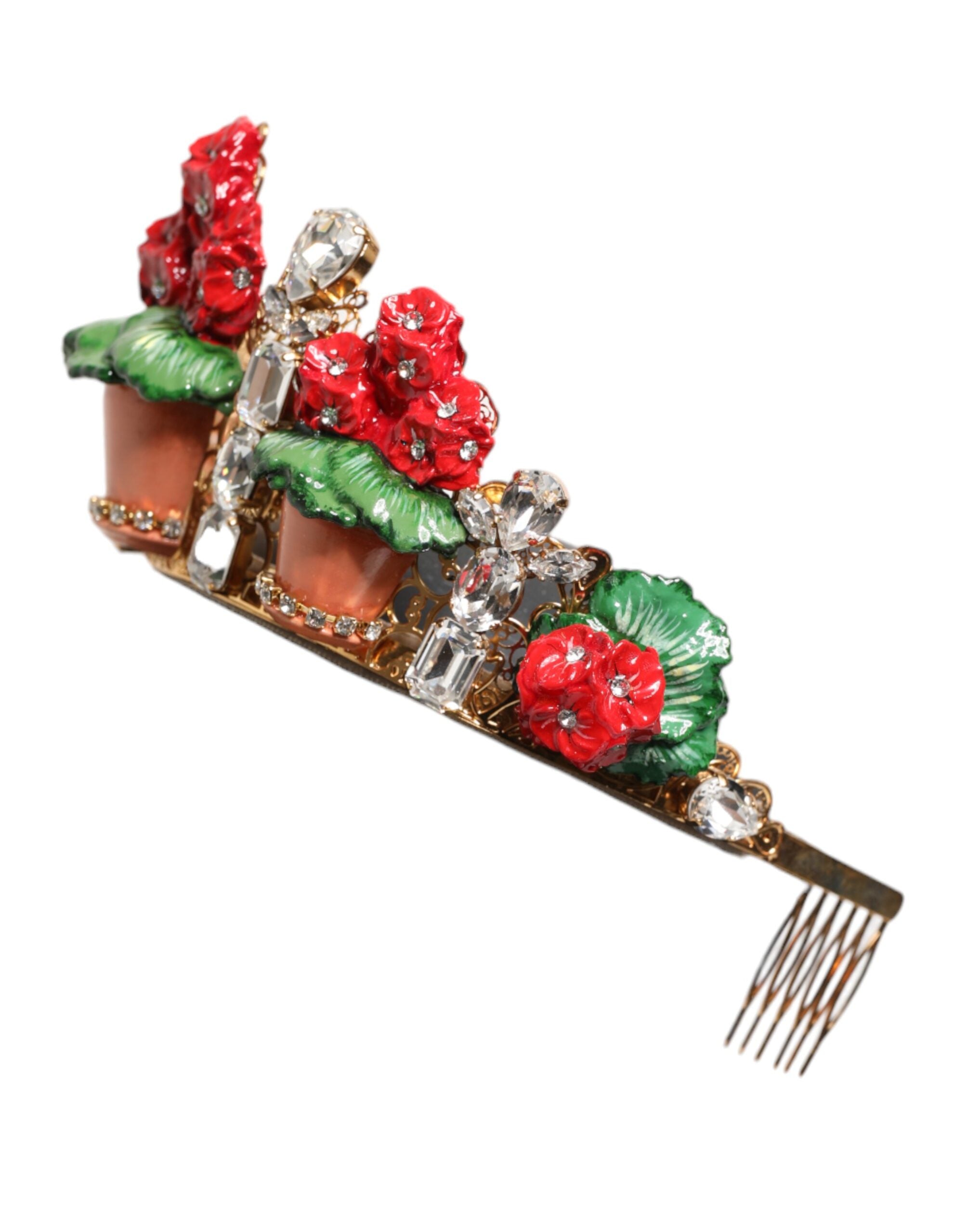 Red Floral Flowerpot Crystal Gold Crown Tiara Headband - ventzia