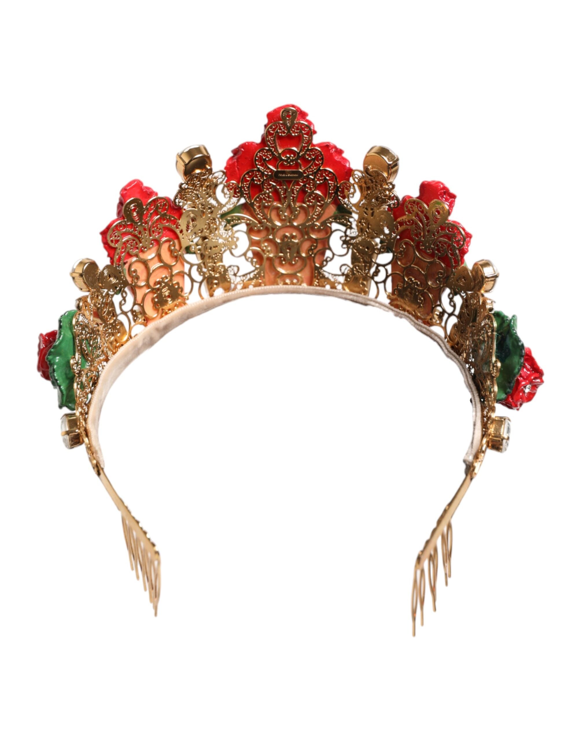 Red Floral Flowerpot Crystal Gold Crown Tiara Headband - ventzia