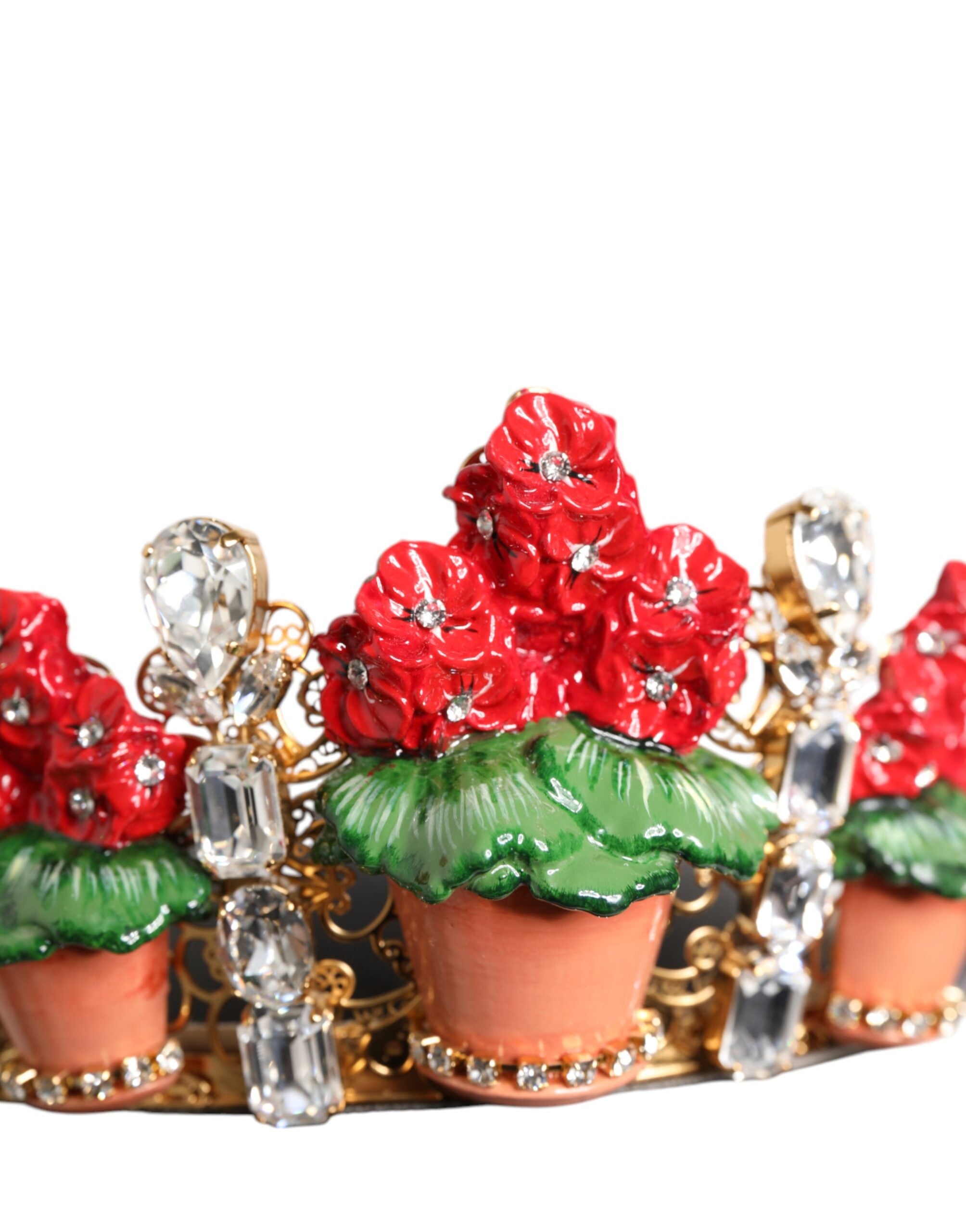 Red Floral Flowerpot Crystal Gold Crown Tiara Headband - ventzia