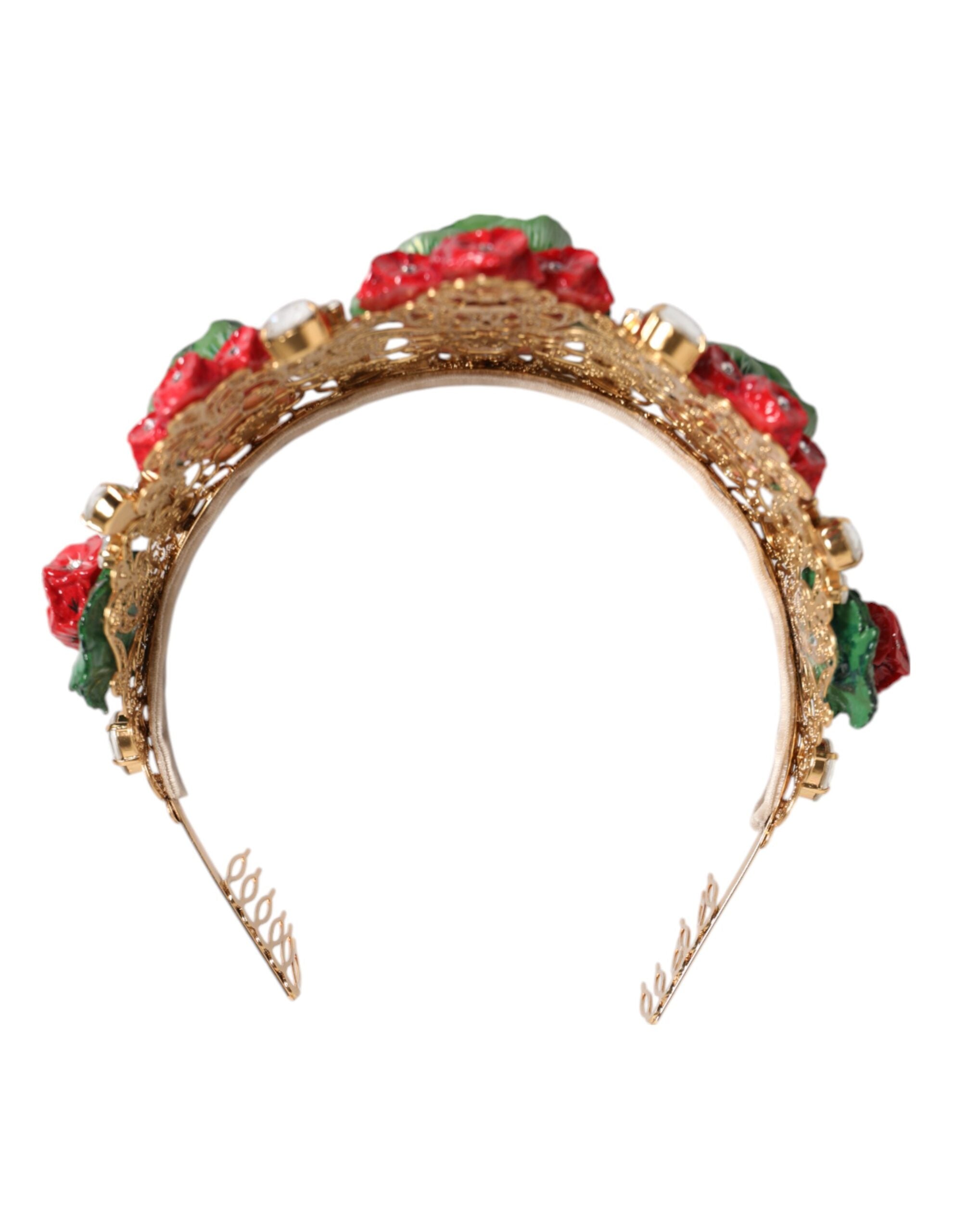 Red Floral Flowerpot Crystal Gold Crown Tiara Headband - ventzia