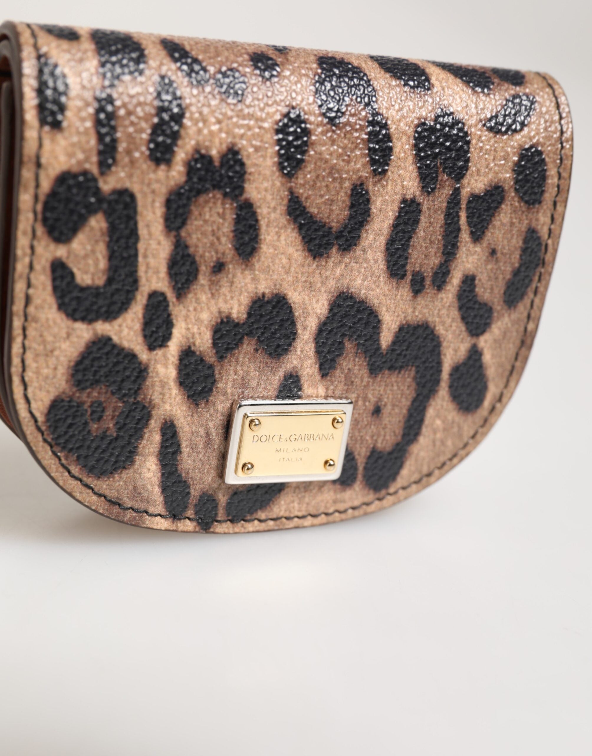 Brown Black Calf Leather Leopard Print Logo Plaque Wallet - ventzia