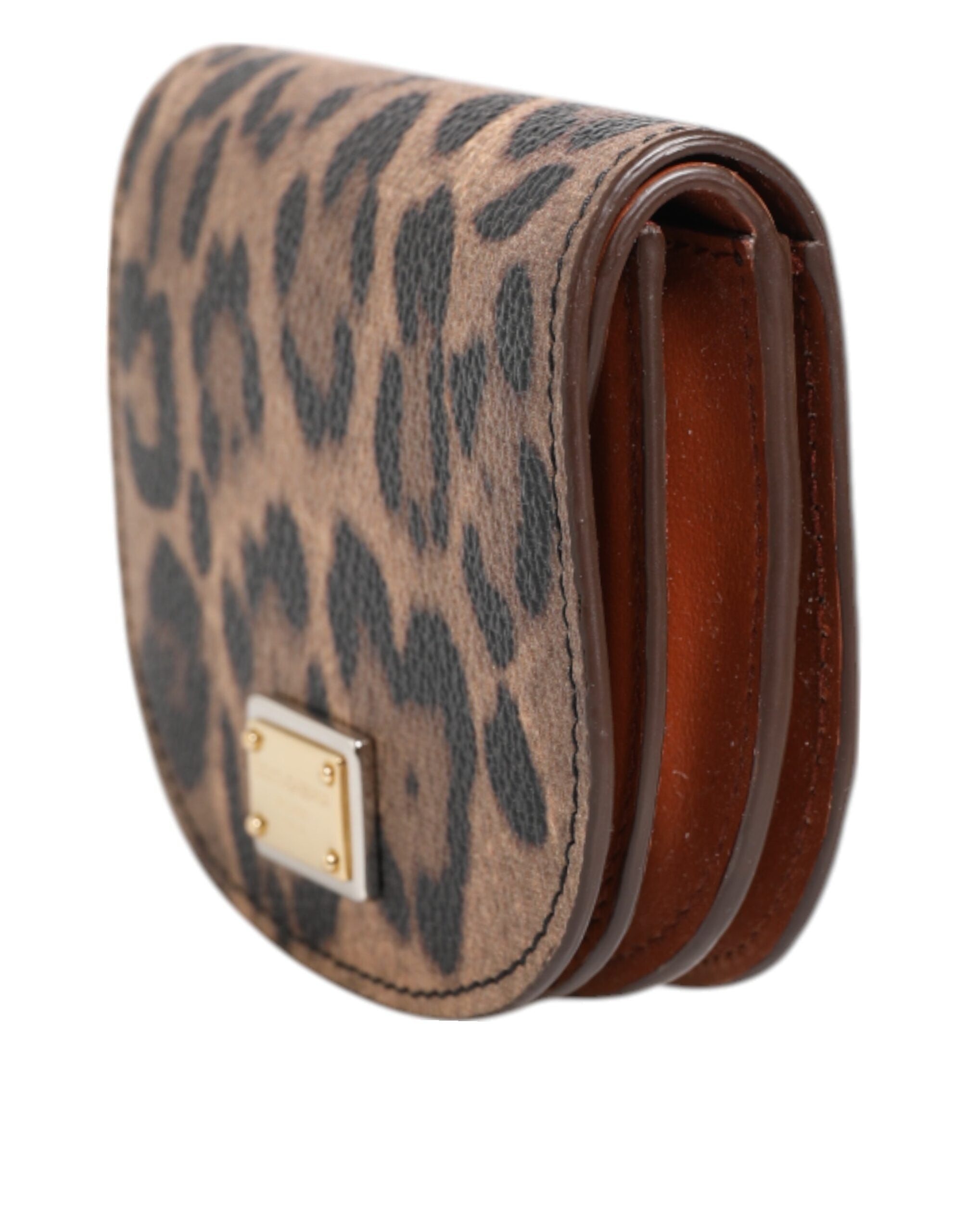 Brown Black Calf Leather Leopard Print Logo Plaque Wallet - ventzia