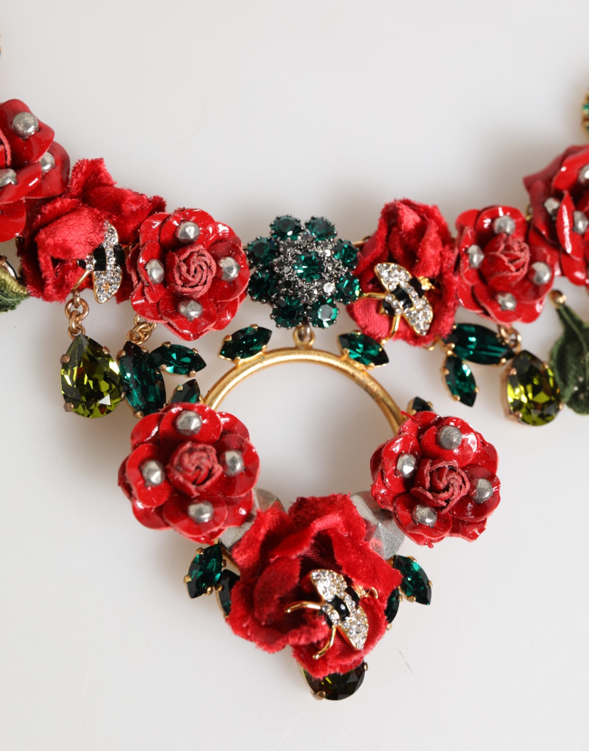 Red Rose Floral Crystal Embellished Statement Jewelry Necklace - ventzia