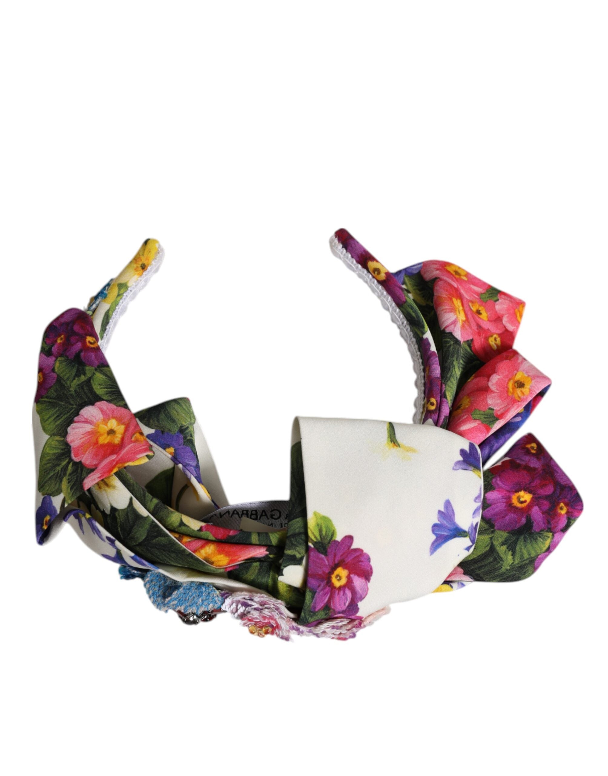 White Multicolor Floral Silk Bow Crystal Embellished Headband - ventzia