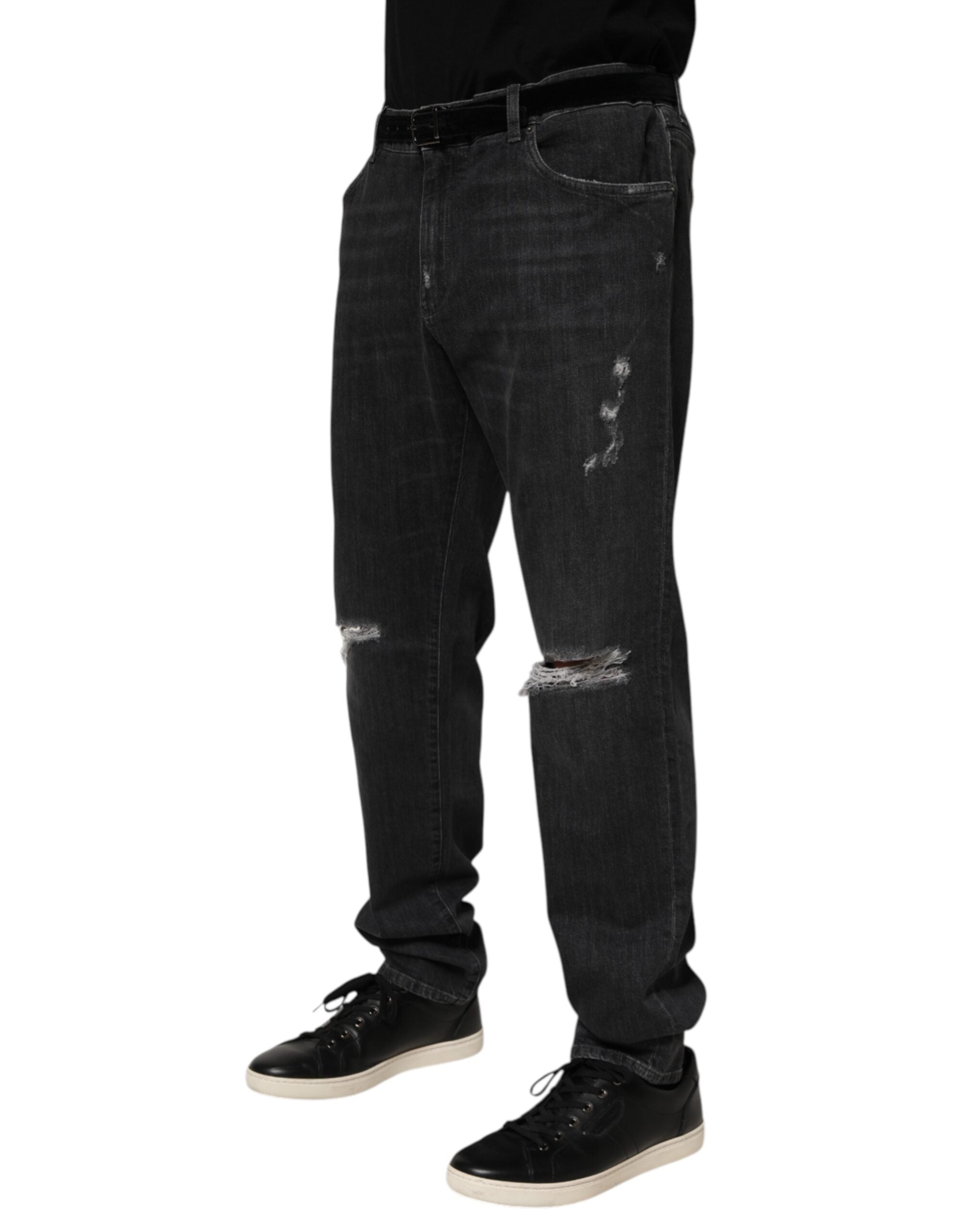 Black Cotton Slim Fit Distressed Ripped Logo Jeans - ventzia