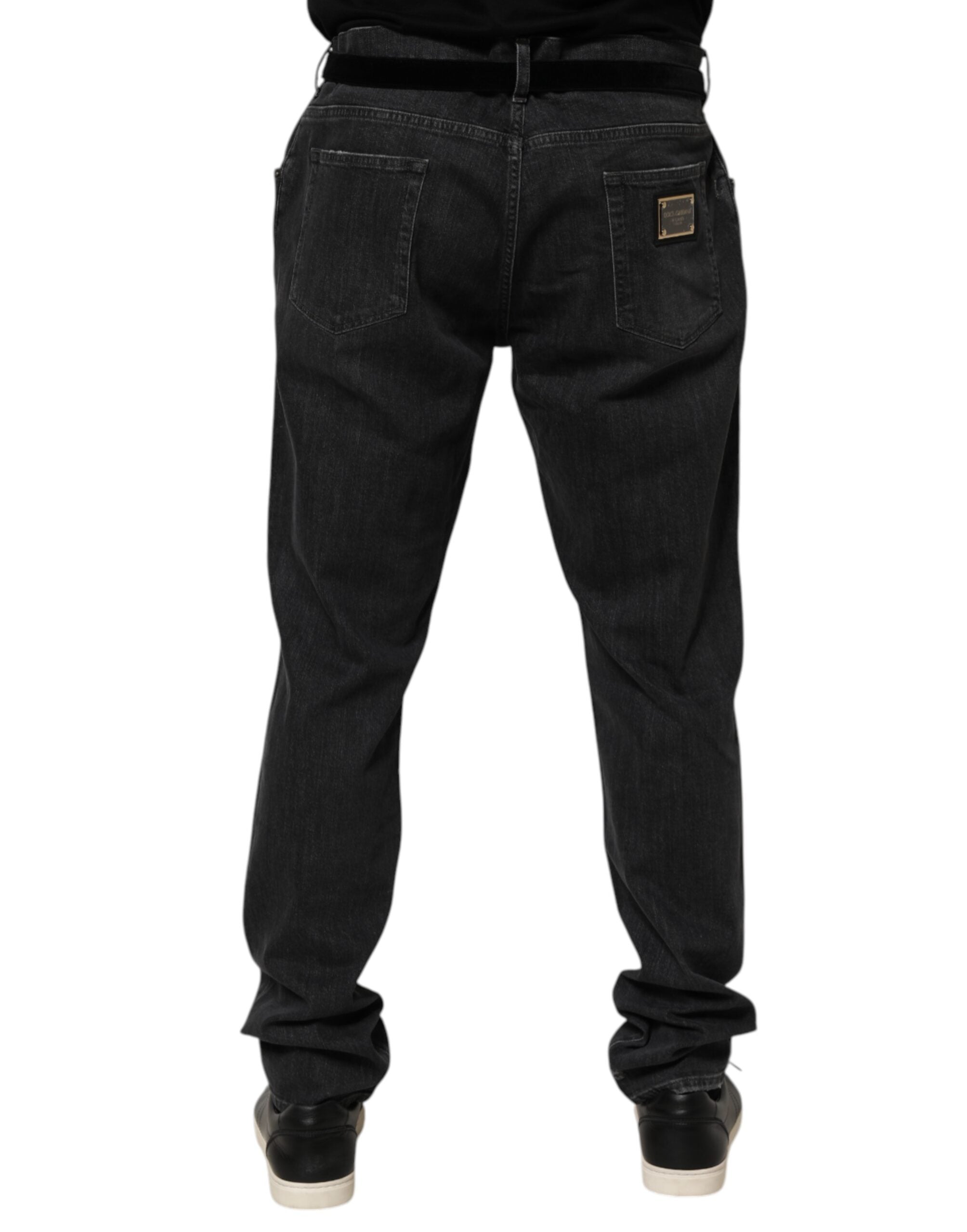 Black Cotton Slim Fit Distressed Ripped Logo Jeans - ventzia
