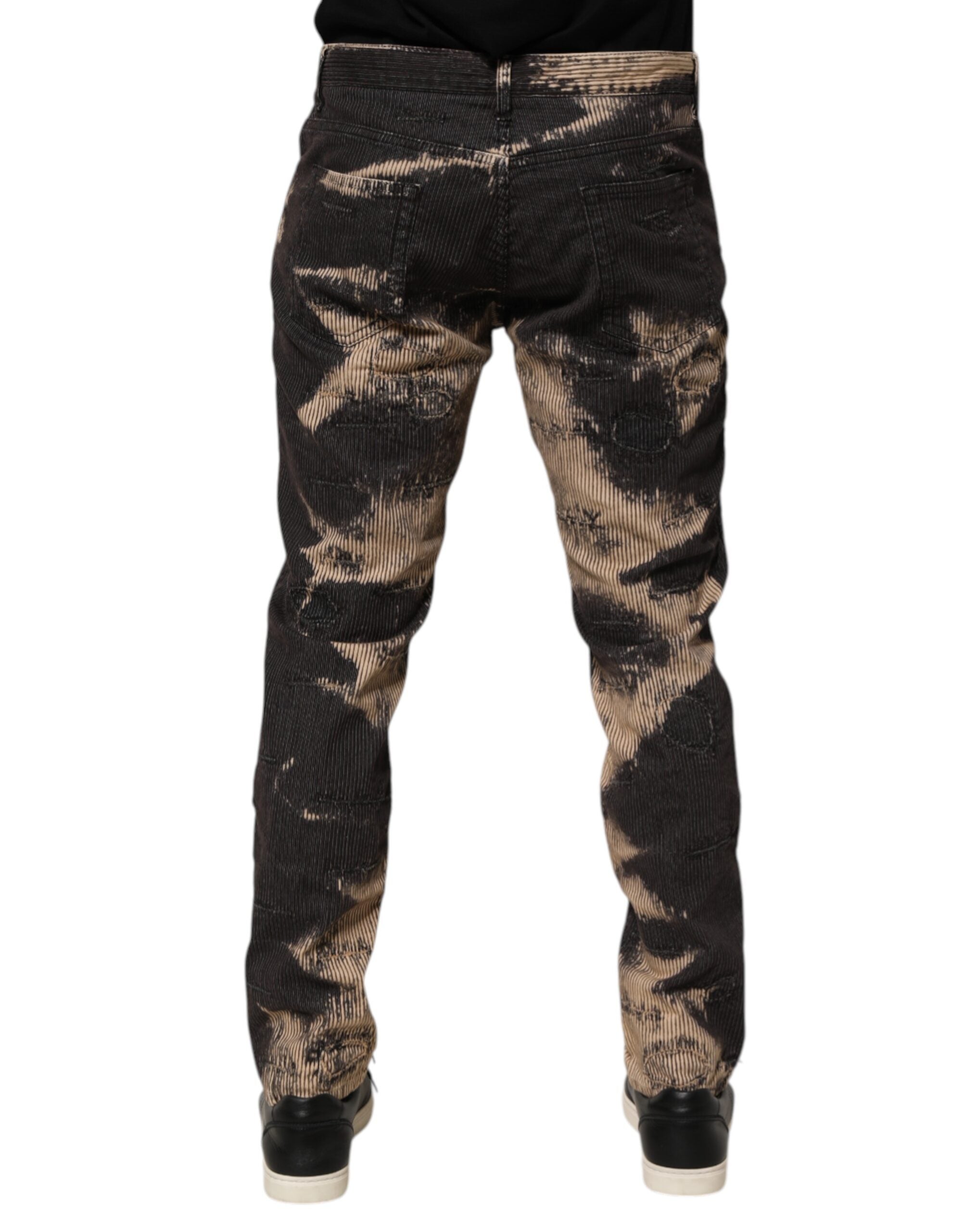 Beige Black Corduroy Tie-Dye Cotton Blend Pants - ventzia
