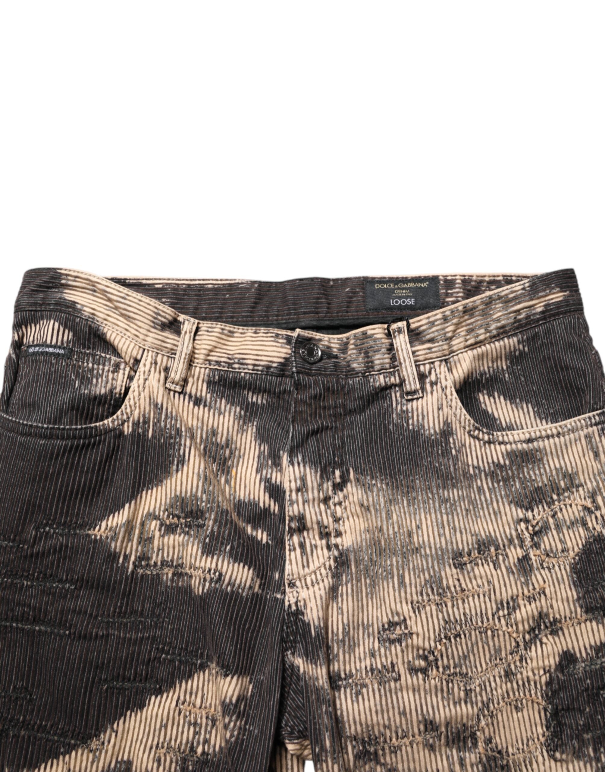 Beige Black Corduroy Tie-Dye Cotton Blend Pants - ventzia